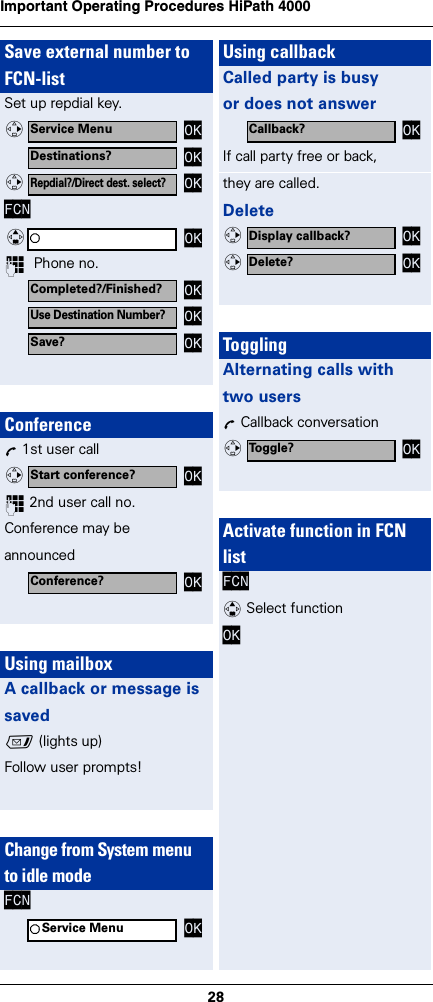 28Important Operating Procedures HiPath 4000 Save external number to FCN-listSet up repdial key.FCN~  Phone no.ConferenceÕ 1st user call~ 2nd user call no.Conference may beannouncedUsing mailboxA callback or message issavedf (lights up)Follow user prompts!Change from System menuto idle modeFCNService Menu OKvDestinations? OKRepdial?/Direct dest. select?OKvOKqCompleted?/Finished? OKUse Destination Number?OKSave? OKStart conference? OKvConference? OKService Menu OKUsing callbackCalled party is busyor does not answerIf call party free or back,they are called.DeleteTogglingAlternating calls withtwo usersÕ Callback conversationActivate function in FCNlistFCN q Select functionOK Callback? OKDisplay callback? OKvDelete? OKvToggle? OKvFrançais
