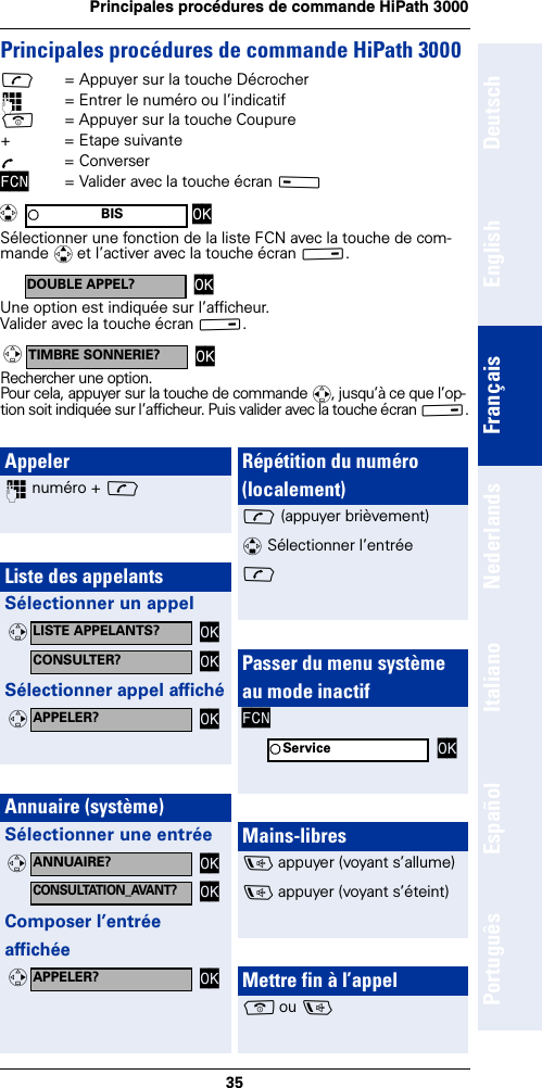 35Principales procédures de commande HiPath 3000DeutschEnglishFrançaisNederlandsItalianoEspañolPortuguêsPrincipales procédures de commande HiPath 3000c= Appuyer sur la touche Décrocher~= Entrer le numéro ou l’indicatifa= Appuyer sur la touche Coupure+  = Etape suivanteÕ = ConverserFCN = Valider avec la touche écran A Sélectionner une fonction de la liste FCN avec la touche de com-mande q et l’activer avec la touche écran B.Une option est indiquée sur l’afficheur.Valider avec la touche écran B.Rechercher une option.Pour cela, appuyer sur la touche de commande r, jusqu’à ce que l’op-tion soit indiquée sur l’afficheur. Puis valider avec la touche écran B.BIS OKqDOUBLE APPEL? OKTIMBRE SONNERIE? OKvAppeler~ numéro + cListe des appelantsSélectionner un appelSélectionner appel affichéAnnuaire (système)Sélectionner une entréeComposer l’entrée affichéeLISTE APPELANTS? OKvCONSULTER? OKAPPELER? OKvANNUAIRE? OKvCONSULTATION_AVANT?OKAPPELER? OKvRépétition du numéro (localement)c (appuyer brièvement)q Sélectionner l’entréec Passer du menu système au mode inactifFCNMains-libresd appuyer (voyant s’allume)d appuyer (voyant s’éteint)Mettre fin à l’appela ou dService OK