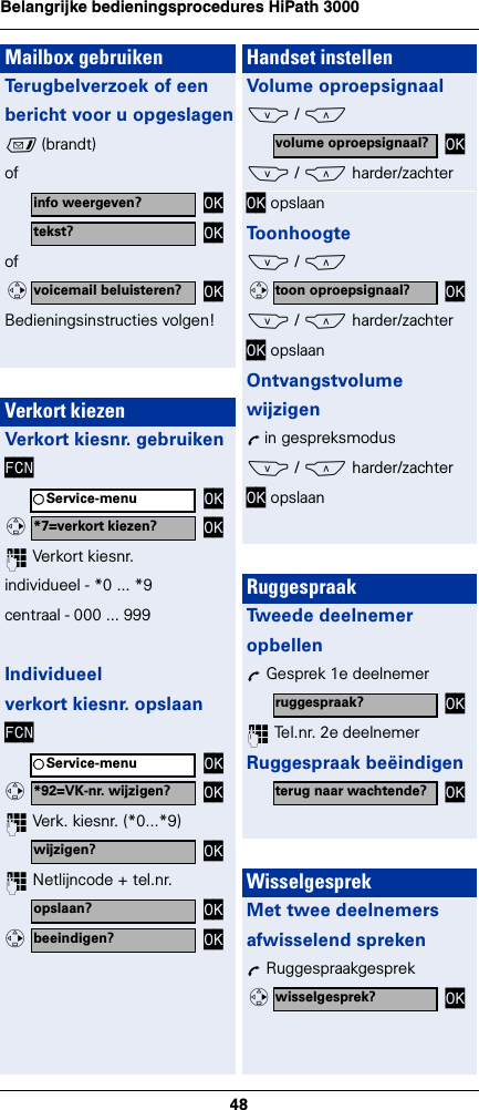 48Belangrijke bedieningsprocedures HiPath 3000 Mailbox gebruikenTerugbelverzoek of eenbericht voor u opgeslagenf (brandt)ofofBedieningsinstructies volgen!Verkort kiezenVerkort kiesnr. gebruikenFCN~ Verkort kiesnr.individueel - *0 ... *9centraal - 000 ... 999Individueelverkort kiesnr. opslaanFCN~ Verk. kiesnr. (*0...*9) ~ Netlijncode + tel.nr.info weergeven? OKtekst? OKvoicemail beluisteren? OKvService-menu OK*7=verkort kiezen? OKvService-menu OK*92=VK-nr. wijzigen? OKvwijzigen? OKopslaan? OKbeeindigen? OKvHandset instellenVolume oproepsignaalS / CS / C harder/zachterOK opslaanToonhoogte S / CS / C harder/zachterOK opslaanOntvangstvolumewijzigenÕ in gespreksmodusS / C harder/zachterOK opslaanRuggespraakTweede deelnemer opbellenÕ Gesprek 1e deelnemer~ Tel.nr. 2e deelnemerRuggespraak beëindigenWisselgesprekMet twee deelnemersafwisselend sprekenÕ Ruggespraakgesprekvolume oproepsignaal? OKtoon oproepsignaal? OKvruggespraak? OKterug naar wachtende? OKwisselgesprek? OKv