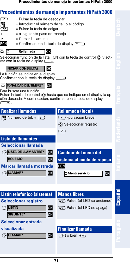 71Procedimientos de manejo importantes HiPath 3000DeutschEnglishFrançaisNederlandsItalianoEspañolPortuguêsProcedimientos de manejo importantes HiPath 3000c= Pulsar la tecla de descolgar~= Introducir el número de tel. o el códigoa= Pulsar la tecla de colgar+  = al siguiente paso de manejoÕ  = Cursar la llamadaFCN = Confirmar con la tecla de display A Seleccionar función de la lista FCN con la tecla de control q y acti-var con la tecla de display B.La función se indica en el display.Confirmar con la tecla de display B.Para buscar una función.Pulsar la tecla de control r hasta que se indique en el display la op-ción deseada. A continuación, confirmar con la tecla de display B.Rellamada OKqINICIAR CONSULTA? OKTONALIDAD DEL TIMBRE?OKvRealizar llamadas~ Número de tel. + cLista de llamantesSeleccionar llamadaMarcar llamada mostradaListín telefónico (sistema)Seleccionar registroSeleccionar entrada visualizadaLISTA DE LLAMANTES? OKvHOJEAR? OKLLAMAR? OKvLISTIN OKvSIGUINTE? OKLLAMAR? OKvRellamada (local)c (pulsación breve)q Seleccionar registroc Cambiar del menú del sistema al modo de reposoFCNManos libresd Pulsar (el LED se enciende)d Pulsar (el LED se apaga)Finalizar llamadaa o bien dMenú servicio OK
