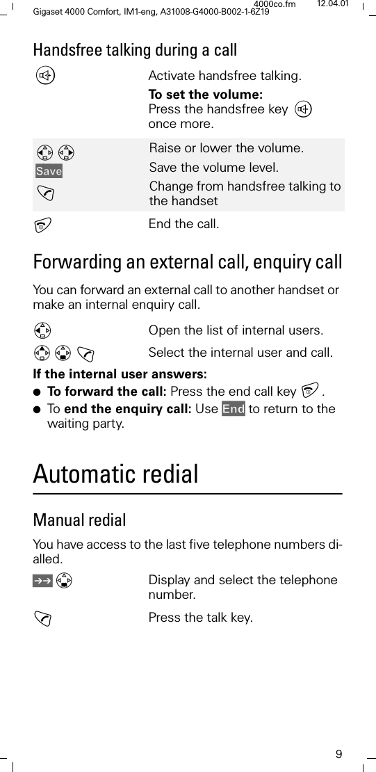 9Gigaset 4000 Comfort, IM1-eng, A31008-G4000-B002-1-6Z194000co.fm 12.04.01Handsfree talking during a call,Activate handsfree talking.To set the volume: Press the handsfree key ,once more.End the call.Forwarding an external call, enquiry callYou can forward an external call to another handset or make an internal enquiry call.)Open the list of internal users. ! Select the internal user and call.If the internal user answers:●To  f o r w a r d  t h e  c a l l :  Press the end call key .●To   end the enquiry call: Use (QG to return to the waiting party.Automatic redialManual redialYou have access to the last five telephone numbers di-alled./Display and select the telephone number.!Press the talk key.6DYH!Raise or lower the volume.Save the volume level.Change from handsfree talking to the handset