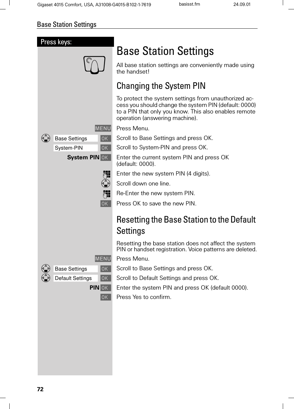 72Press keys:Base Station SettingsGigaset 4015 Comfort, USA, A31008-G4015-B102-1-7619 basisst.fm 24.09.01Base Station Settings All base station settings are conveniently made using the handset!Changing the System PINTo protect the system settings from unauthorized ac-cess you should change the system PIN (default: 0000) to a PIN that only you know. This also enables remote operation (answering machine).0(18 Press Menu.]]]]]]]]]]]]]]]]]]]]]]]]]]]]]]]]Base Settings Scroll to Base Settings and press OK. ]]]]]]]]]]]]]]]]]]]]]]]]]]]]]]]]System-PIN Scroll to System-PIN and press OK. System PINEnter the current system PIN and press OK (default: 0000).QEnter the new system PIN (4 digits).Scroll down one line.QRe-Enter the new system PIN.Press OK to save the new PIN.Resetting the Base Station to the Default SettingsResetting the base station does not affect the system PIN or handset registration. Voice patterns are deleted.0(18 Press Menu.]]]]]]]]]]]]]]]]]]]]]]]]]]]]]]]]Base Settings Scroll to Base Settings and press OK.]]]]]]]]]]]]]]]]]]]]]]]]]]]]]]]]Default Settings Scroll to Default Settings and press OK. PINEnter the system PIN and press OK (default 0000).Press Yes to confirm.Y