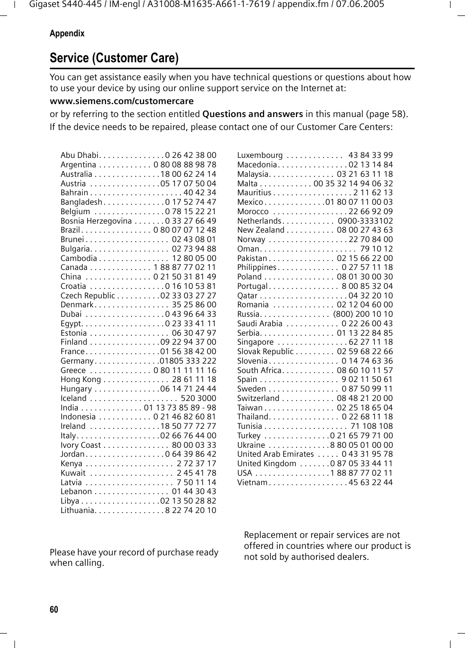 60AppendixGigaset S440-445 / IM-engl / A31008-M1635-A661-1-7619 / appendix.fm / 07.06.2005Service (Customer Care)You can get assistance easily when you have technical questions or questions about how to use your device by using our online support service on the Internet at:www.siemens.com/customercareor by referring to the section entitled Questions and answers in this manual (page 58).If the device needs to be repaired, please contact one of our Customer Care Centers:Please have your record of purchase ready when calling. Replacement or repair services are not offered in countries where our product is not sold by authorised dealers. Abu Dhabi. . . . . . . . . . . . . . . 0 26 42 38 00Argentina . . . . . . . . . . . .  0 80 08 88 98 78Australia . . . . . . . . . . . . . . .18 00 62 24 14Austria  . . . . . . . . . . . . . . . . 05 17 07 50 04Bahrain . . . . . . . . . . . . . . . . . . . . . 40 42 34Bangladesh . . . . . . . . . . . . . . 0 17 52 74 47Belgium  . . . . . . . . . . . . . . . . 0 78 15 22 21Bosnia Herzegovina . . . . . . . 0 33 27 66 49Brazil . . . . . . . . . . . . . . . .  0 80 07 07 12 48Brunei . . . . . . . . . . . . . . . . . . .  02 43 08 01Bulgaria. . . . . . . . . . . . . . . . . .  02 73 94 88Cambodia . . . . . . . . . . . . . . . .  12 80 05 00Canada . . . . . . . . . . . . . .  1 88 87 77 02 11China  . . . . . . . . . . . . . . . 0 21 50 31 81 49Croatia  . . . . . . . . . . . . . . . . . 0 16 10 53 81Czech Republic . . . . . . . . . .02 33 03 27 27Denmark . . . . . . . . . . . . . . . . .  35 25 86 00Dubai  . . . . . . . . . . . . . . . . . . 0 43 96 64 33Egypt. . . . . . . . . . . . . . . . . . . 0 23 33 41 11Estonia . . . . . . . . . . . . . . . . . .  06 30 47 97Finland . . . . . . . . . . . . . . . .09 22 94 37 00France. . . . . . . . . . . . . . . . .01 56 38 42 00Germany. . . . . . . . . . . . . . .01805 333 222Greece  . . . . . . . . . . . . . .  0 80 11 11 11 16Hong Kong . . . . . . . . . . . . . . .  28 61 11 18Hungary . . . . . . . . . . . . . . .06 14 71 24 44Iceland  . . . . . . . . . . . . . . . . . . . .  520 3000India . . . . . . . . . . . . . . 01 13 73 85 89 - 98Indonesia  . . . . . . . . . . . .  0 21 46 82 60 81Ireland  . . . . . . . . . . . . . . . . 18 50 77 72 77Italy. . . . . . . . . . . . . . . . . . .02 66 76 44 00Ivory Coast . . . . . . . . . . . . . . .  80 00 03 33Jordan. . . . . . . . . . . . . . . . . . 0 64 39 86 42Kenya  . . . . . . . . . . . . . . . . . . . .  2 72 37 17Kuwait  . . . . . . . . . . . . . . . . . . .  2 45 41 78Latvia  . . . . . . . . . . . . . . . . . . . .  7 50 11 14Lebanon . . . . . . . . . . . . . . . . .  01 44 30 43Libya . . . . . . . . . . . . . . . . . .02 13 50 28 82Lithuania. . . . . . . . . . . . . . . . 8 22 74 20 10Luxembourg  . . . . . . . . . . . . .   43 84 33 99Macedonia. . . . . . . . . . . . . . . . 02 13 14 84Malaysia. . . . . . . . . . . . . . .  03 21 63 11 18Malta . . . . . . . . . . . . 00 35 32 14 94 06 32Mauritius . . . . . . . . . . . . . . . . . . 2 11 62 13Mexico . . . . . . . . . . . . . .01 80 07 11 00 03Morocco  . . . . . . . . . . . . . . . . . 22 66 92 09Netherlands. . . . . . . . . . . .  0900-3333102New Zealand . . . . . . . . . . .  08 00 27 43 63Norway  . . . . . . . . . . . . . . . . . . 22 70 84 00Oman. . . . . . . . . . . . . . . . . . . . . .  79 10 12Pakistan . . . . . . . . . . . . . . .  02 15 66 22 00Philippines . . . . . . . . . . . . . .  0 27 57 11 18Poland . . . . . . . . . . . . . . . .  08 01 30 00 30Portugal . . . . . . . . . . . . . . . .  8 00 85 32 04Qatar . . . . . . . . . . . . . . . . . . . . 04 32 20 10Romania  . . . . . . . . . . . . . .  02 12 04 60 00Russia. . . . . . . . . . . . . . . .  (800) 200 10 10Saudi Arabia  . . . . . . . . . . . .  0 22 26 00 43Serbia. . . . . . . . . . . . . . . . .  01 13 22 84 85Singapore  . . . . . . . . . . . . . . . . 62 27 11 18Slovak Republic . . . . . . . . .  02 59 68 22 66Slovenia . . . . . . . . . . . . . . . .  0 14 74 63 36South Africa. . . . . . . . . . . .  08 60 10 11 57Spain . . . . . . . . . . . . . . . . . .  9 02 11 50 61Sweden . . . . . . . . . . . . . . . .  0 87 50 99 11Switzerland . . . . . . . . . . . .  08 48 21 20 00Taiwan . . . . . . . . . . . . . . . .  02 25 18 65 04Thailand. . . . . . . . . . . . . . . .  0 22 68 11 18Tunisia . . . . . . . . . . . . . . . . . . .  71 108 108Turkey  . . . . . . . . . . . . . . . 0 21 65 79 71 00Ukraine  . . . . . . . . . . . . . .8 80 05 01 00 00United Arab Emirates  . . . . .  0 43 31 95 78United Kingdom  . . . . . . .0 87 05 33 44 11USA  . . . . . . . . . . . . . . . . . 1 88 87 77 02 11Vietnam . . . . . . . . . . . . . . . . . . 45 63 22 44