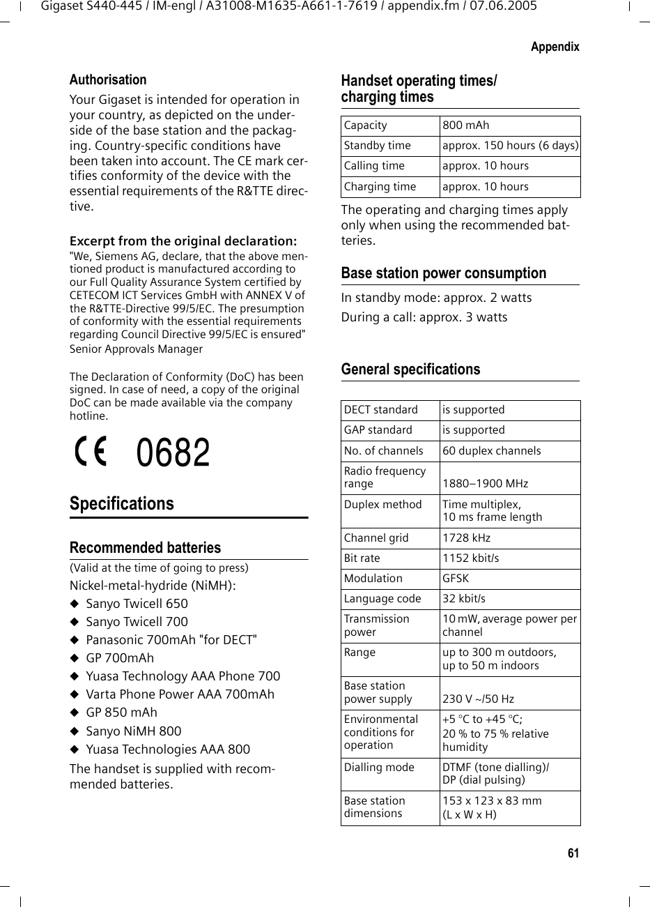 61AppendixGigaset S440-445 / IM-engl / A31008-M1635-A661-1-7619 / appendix.fm / 07.06.2005Authorisation Your Gigaset is intended for operation in your country, as depicted on the under-side of the base station and the packag-ing. Country-specific conditions have been taken into account. The CE mark cer-tifies conformity of the device with the essential requirements of the R&amp;TTE direc-tive. Excerpt from the original declaration: &quot;We, Siemens AG, declare, that the above men-tioned product is manufactured according to our Full Quality Assurance System certified by CETECOM ICT Services GmbH with ANNEX V of the R&amp;TTE-Directive 99/5/EC. The presumption of conformity with the essential requirements regarding Council Directive 99/5/EC is ensured&quot; Senior Approvals ManagerThe Declaration of Conformity (DoC) has been signed. In case of need, a copy of the original DoC can be made available via the company hotline.SpecificationsRecommended batteries(Valid at the time of going to press)Nickel-metal-hydride (NiMH):uSanyo Twicell 650uSanyo Twicell 700uPanasonic 700mAh &quot;for DECT&quot;uGP 700mAhuYuasa Technology AAA Phone 700uVarta Phone Power AAA 700mAhuGP 850 mAhuSanyo NiMH 800uYuasa Technologies AAA 800The handset is supplied with recom-mended batteries.Handset operating times/charging timesThe operating and charging times apply only when using the recommended bat-teries.Base station power consumptionIn standby mode: approx. 2 wattsDuring a call: approx. 3 wattsGeneral specificationsCapacity 800 mAhStandby time approx. 150 hours (6 days)Calling time approx. 10 hoursCharging time approx. 10 hoursDECT standard is supportedGAP standard is supportedNo. of channels 60 duplex channelsRadio frequency range 1880–1900 MHzDuplex method Time multiplex, 10 ms frame lengthChannel grid 1728 kHzBit rate 1152 kbit/sModulation GFSKLanguage code 32 kbit/sTransmission power10 mW, average power per channelRange up to 300 m outdoors, up to 50 m indoorsBase station power supply 230 V ~/50 HzEnvironmental conditions for operation+5 °C to +45 °C; 20 % to 75 % relative humidityDialling mode DTMF (tone dialling)/DP (dial pulsing)Base station dimensions153 x 123 x 83 mm (L x W x H)