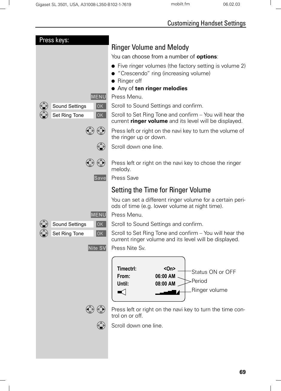 69Press keys:Customizing Handset SettingsGigaset SL 3501, USA, A31008-L350-B102-1-7619  mobilt.fm 06.02.03Ringer Volume and MelodyYou can choose from a number of options: ●Five ringer volumes (the factory setting is volume 2)●“Crescendo” ring (increasing volume)●Ringer off●Any of ten ringer melodiesMENU Press Menu.ååååååååååååååååååååååååååååååååDSound Settings [Scroll to Sound Settings and confirm.ååååååååååååååååååååååååååååååååDSet Ring Tone [Scroll to Set Ring Tone and confirm – You will hear the current ringer volume and its level will be displayed. F G Press left or right on the navi key to turn the volume of the ringer up or down. DScroll down one line.F G Press left or right on the navi key to chose the ringer melody.Save Press SaveSetting the Time for Ringer VolumeYou can set a different ringer volume for a certain peri-ods of time (e.g. lower volume at night time).MENU Press Menu.ååååååååååååååååååååååååååååååååDSound Settings [Scroll to Sound Settings and confirm.ååååååååååååååååååååååååååååååååDSet Ring Tone [Scroll to Set Ring Tone and confirm – You will hear the current ringer volume and its level will be displayed.Nite SV Press Nite Sv.F G Press left or right on the navi key to turn the time con-trol on or off.DScroll down one line.Timectrl:   &lt;On&gt;From: 06:00 AMUntil: 08:00 AMStatus ON or OFFPeriodRinger volume