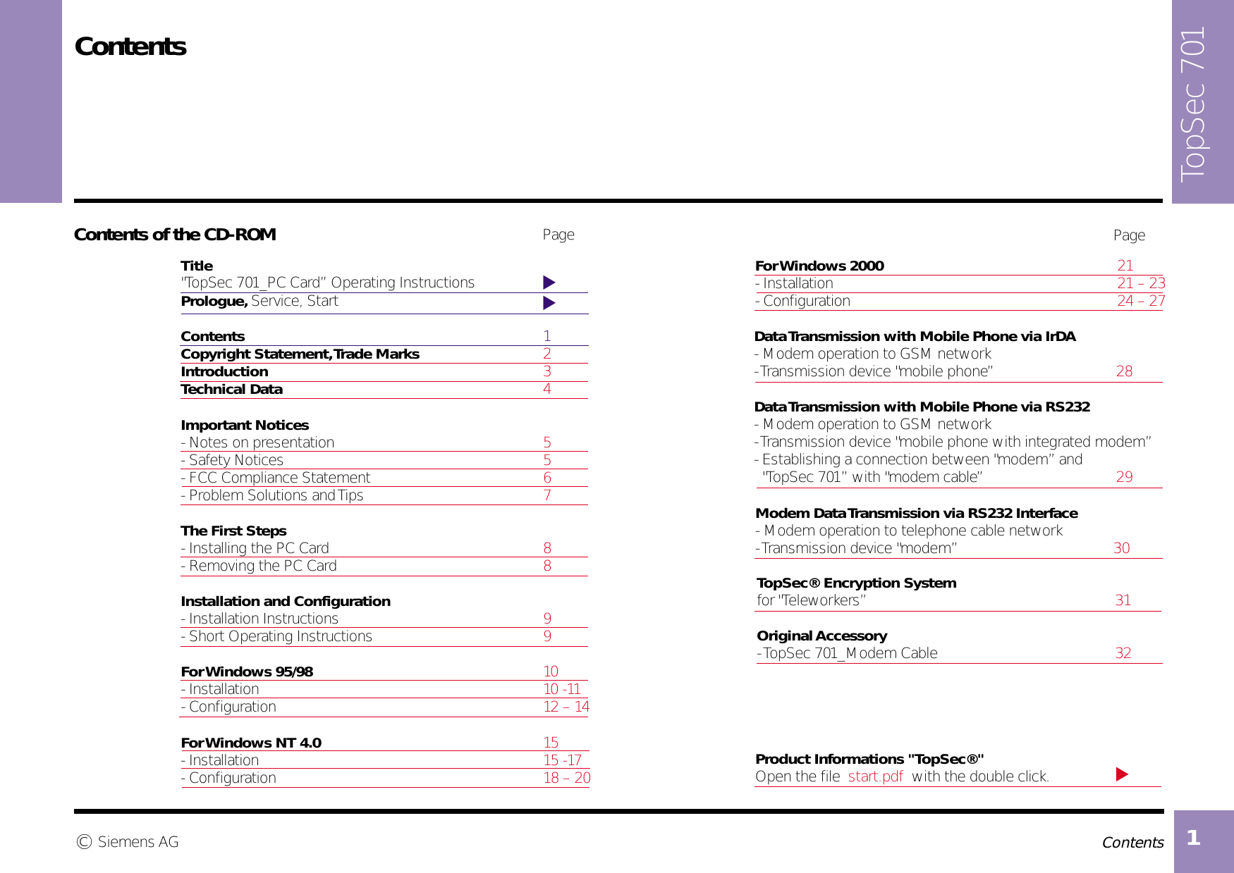 1                                          ContentsSiemens AG© Product Informations &quot;TopSec®&quot;Open the file  start.pdf  with the double click.TitlePrologue, Service, StartContents            1Copyright Statement, Trade Marks            2Introduction            3Technical Data              4Contents of the CD-ROM TopSec 701ContentsPage Page▼▼▼&quot;TopSec 701_PC Card” Operating Instructions Data Transmission with Mobile Phone via IrDA- Modem operation to GSM network- Transmission device &quot;mobile phone”            28Data Transmission with Mobile Phone via RS232- Modem operation to GSM network- Transmission device &quot;mobile phone with integrated modem”- Establishing a connection between &quot;modem” and   &quot;TopSec 701” with &quot;modem cable”            29Modem Data Transmission via RS232 Interface- Modem operation to telephone cable network- Transmission device &quot;modem”           30TopSec® Encryption Systemfor &quot;Teleworkers”           31Original Accessory- TopSec 701_Modem Cable           32 Important Notices- Notes on presentation            5- Safety Notices            5- FCC Compliance Statement            6- Problem Solutions and Tips            7The First Steps- Installing the PC Card            8- Removing the PC Card            8Installation and Configuration- Installation Instructions            9- Short Operating Instructions            9For Windows  95/98            10- Installation            10 -11- Configuration            12 – 14For Windows NT 4.0            15- Installation            15 -17- Configuration            18 – 20For Windows  2000            21- Installation            21 – 23- Configuration            24 – 27