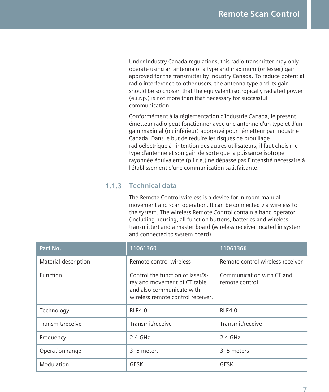 Under Industry Canada regulations, this radio transmitter may onlyoperate using an antenna of a type and maximum (or lesser) gainapproved for the transmitter by Industry Canada. To reduce potentialradio interference to other users, the antenna type and its gainshould be so chosen that the equivalent isotropically radiated power(e.i.r.p.) is not more than that necessary for successfulcommunication.Conform&eacute;ment &agrave; la r&eacute;glementation d'Industrie Canada, le pr&eacute;sent&eacute;metteur radio peut fonctionner avec une antenne d'un type et d'ungain maximal (ou inf&eacute;rieur) approuv&eacute; pour l'&eacute;metteur par IndustrieCanada. Dans le but de r&eacute;duire les risques de brouillageradio&eacute;lectrique &agrave; l'intention des autres utilisateurs, il faut choisir letype d'antenne et son gain de sorte que la puissance isotroperayonn&eacute;e &eacute;quivalente (p.i.r.e.) ne d&eacute;passe pas l'intensit&eacute; n&eacute;cessaire &agrave;l'&eacute;tablissement d'une communication satisfaisante.Technical dataThe Remote Control wireless is a device for in-room manualmovement and scan operation. It can be connected via wireless tothe system. The wireless Remote Control contain a hand operator(including housing, all function buttons, batteries and wirelesstransmitter) and a master board (wireless receiver located in systemand connected to system board).Part No. 11061360 11061366Material description Remote control wireless Remote control wireless receiverFunction Control the function of laser/X-ray and movement of CT tableand also communicate withwireless remote control receiver.Communication with CT andremote controlTechnology BLE4.0 BLE4.0Transmit/receive Transmit/receive Transmit/receiveFrequency 2.4 GHz 2.4 GHzOperation range 3- 5 meters 3- 5 metersModulation GFSK GFSK1.1.3Remote Scan Control7