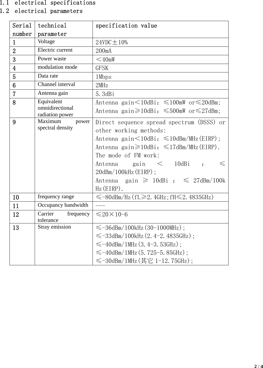   2 / 4      1.1 electrical specifications 1.2 electrical parameters                                          Serial number technical parameter specification value 1  Voltage  24VDC&plusmn;10% 2  Electric current  200mA 3  Power waste  ＜40mW 4  modulation mode  GFSK 5  Data rate  1Mbps 6  Channel interval  2MHz 7  Antenna gain  5.3dBi 8  Equivalent omnidirectional radiation power Antenna gain＜10dBi：&le;100mW or&le;20dBm; Antenna gain&ge;10dBi：&le;500mW or&le;27dBm; 9  Maximum power spectral density  Direct sequence spread spectrum (DSSS) or other working methods: Antenna gain＜10dBi：&le;10dBm/MHz(EIRP); Antenna gain&ge;10dBi：&le;17dBm/MHz(EIRP). The mode of FM work: Antenna  gain ＜ 10dBi ： &le;20dBm/100kHz(EIRP); Antenna  gain &ge; 10dBi ： &le; 27dBm/100k Hz(EIRP). 10  frequency range  &le;-80dBm/Hz(fL&ge;2.4GHz;fH&le;2.4835GHz) 11  Occupancy bandwidth  --- 12  Carrier frequency tolerance  &le;20&times;10-6 13  Stray emission  &le;-36dBm/100kHz(30-1000MHz); &le;-33dBm/100kHz(2.4-2.4835GHz); &le;-40dBm/1MHz(3.4-3.53GHz); &le;-40dBm/1MHz(5.725-5.85GHz); &le;-30dBm/1MHz(其它 1-12.75GHz); 