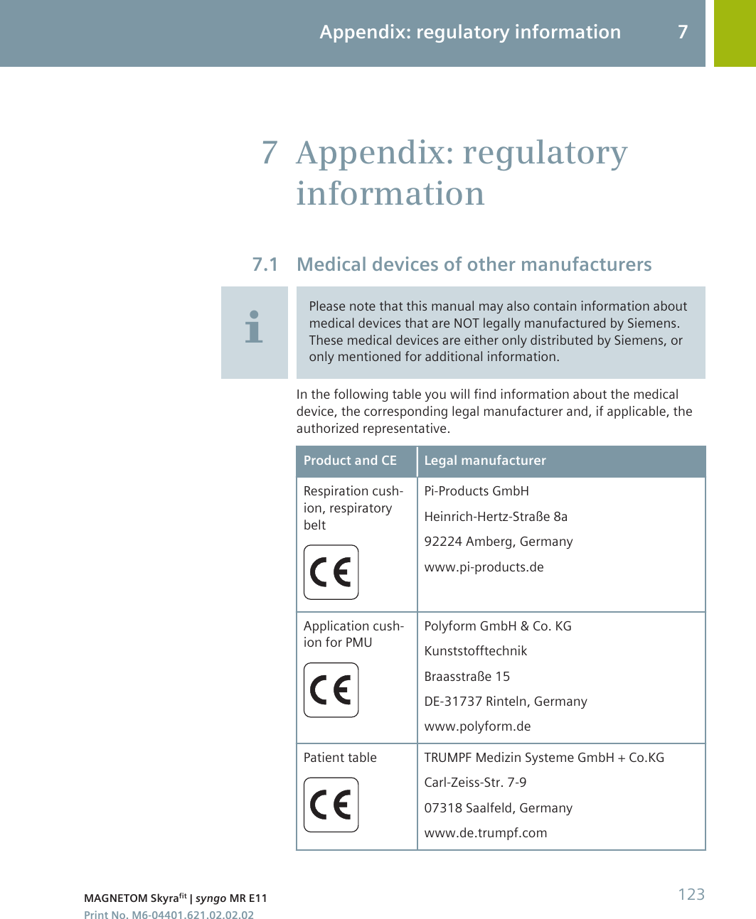 Appendix: regulatoryinformationMedical devices of other manufacturersPlease note that this manual may also contain information aboutmedical devices that are NOT legally manufactured by Siemens.These medical devices are either only distributed by Siemens, oronly mentioned for additional information.In the following table you will find information about the medicaldevice, the corresponding legal manufacturer and, if applicable, theauthorized representative.Product and CE Legal manufacturerRespiration cush-ion, respiratorybeltPi-Products GmbHHeinrich-Hertz-Straße 8a92224 Amberg, Germanywww.pi-products.deApplication cush-ion for PMUPolyform GmbH &amp; Co. KGKunststofftechnikBraasstraße 15DE-31737 Rinteln, Germanywww.polyform.dePatient table TRUMPF Medizin Systeme GmbH + Co.KGCarl-Zeiss-Str. 7-907318 Saalfeld, Germanywww.de.trumpf.com77.1Appendix: regulatory information 7MAGNETOM Skyrafit | syngo MR E11 123Print No. M6-04401.621.02.02.02