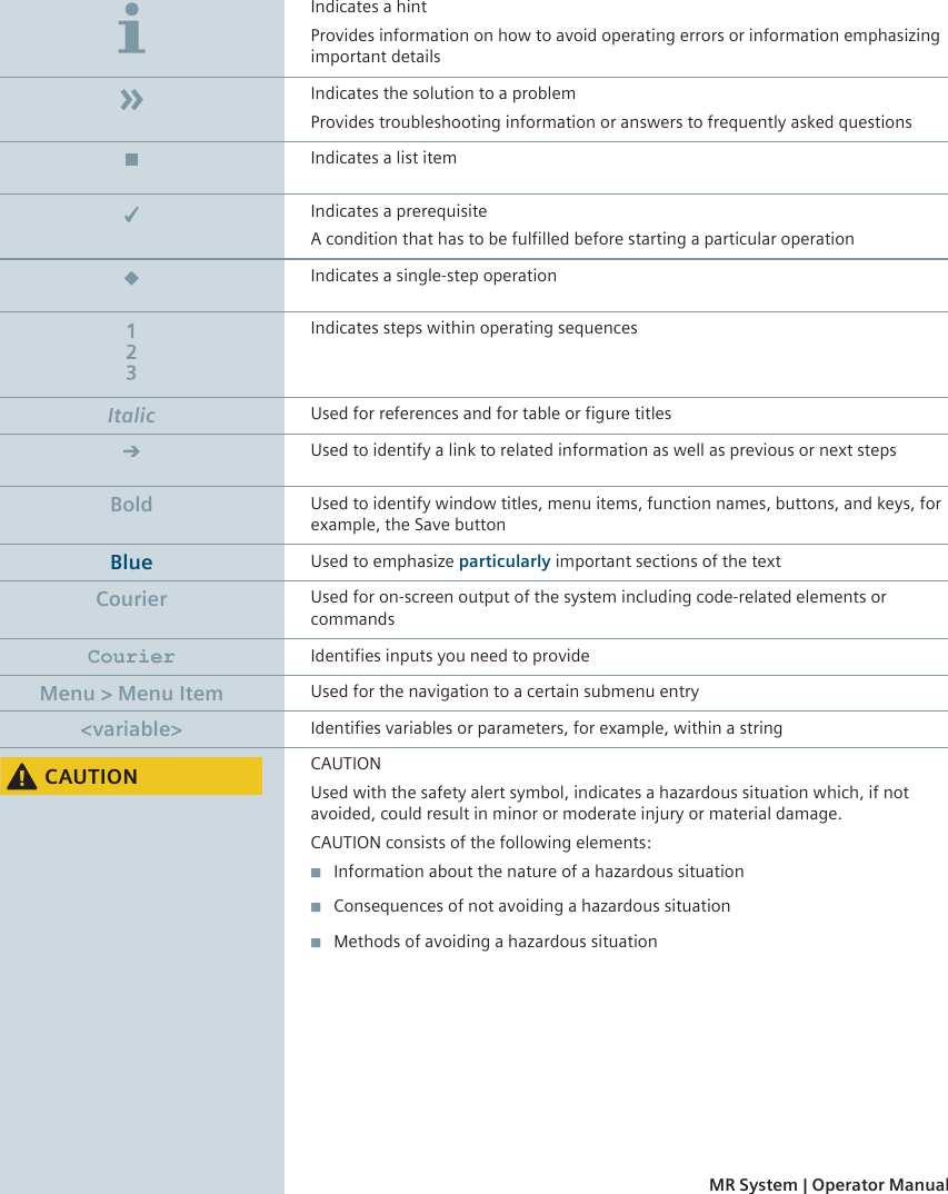 Indicates a hintProvides information on how to avoid operating errors or information emphasizingimportant detailsIndicates the solution to a problemProvides troubleshooting information or answers to frequently asked questionsIndicates a list itemIndicates a prerequisiteA condition that has to be fulfilled before starting a particular operationIndicates a single-step operationIndicates steps within operating sequencesUsed for references and for table or figure titlesUsed to identify a link to related information as well as previous or next stepsUsed to identify window titles, menu items, function names, buttons, and keys, forexample, the Save buttonUsed to emphasize particularly important sections of the textUsed for on-screen output of the system including code-related elements orcommandsIdentifies inputs you need to provideUsed for the navigation to a certain submenu entryIdentifies variables or parameters, for example, within a stringCAUTIONUsed with the safety alert symbol, indicates a hazardous situation which, if notavoided, could result in minor or moderate injury or material damage.CAUTION consists of the following elements:◾Information about the nature of a hazardous situation◾Consequences of not avoiding a hazardous situation◾Methods of avoiding a hazardous situationItalicBoldBlueCourierCourierMenu &gt; Menu Item&lt;variable&gt;&amp;$87,21Legend4MR System | Operator ManualPrint No. M6-04401.621.02.02.02