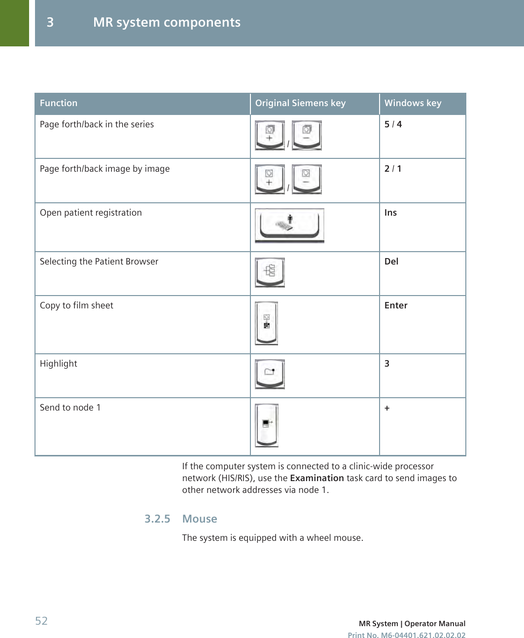 Function Original Siemens key Windows keyPage forth/back in the series / 5 / 4Page forth/back image by image / 2 / 1Open patient registration InsSelecting the Patient Browser DelCopy to film sheet EnterHighlight 3Send to node 1 +If the computer system is connected to a clinic-wide processornetwork (HIS/RIS), use the Examination task card to send images toother network addresses via node 1.MouseThe system is equipped with a wheel mouse.3.2.53 MR system components52 MR System | Operator ManualPrint No. M6-04401.621.02.02.02