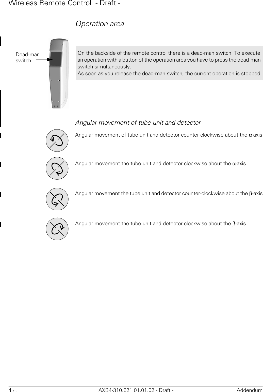 Wireless Remote Control  - Draft -4 / 8 AXB4-310.621.01.01.02 - Draft - AddendumOperation areaAngular movement of tube unit and detectorAngular movement of tube unit and detector counter-clockwise about the α-axisAngular movement the tube unit and detector clockwise about the α-axisAngular movement the tube unit and detector counter-clockwise about the β-axisAngular movement the tube unit and detector clockwise about the β-axisDead-man switchOn the backside of the remote control there is a dead-man switch. To execute an operation with a button of the operation area you have to press the dead-man switch simultaneously.As soon as you release the dead-man switch, the current operation is stopped.