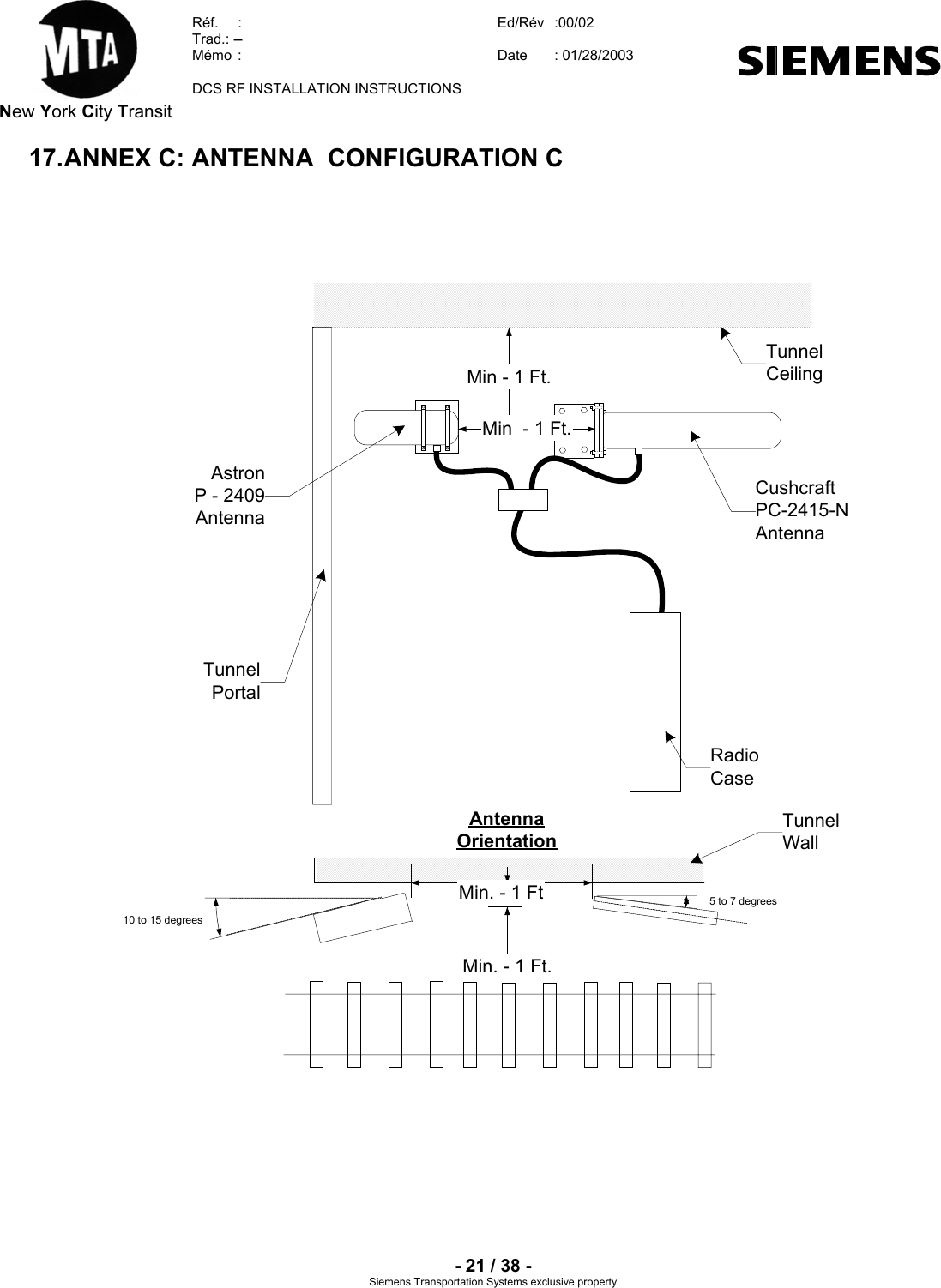  New York City Transit  Réf.  :  Ed/Rév   :00/02  Trad.: --  Mémo  :  Date  : 01/28/2003    DCS RF INSTALLATION INSTRUCTIONS    - 21 / 38 - Siemens Transportation Systems exclusive property 17. ANNEX C: ANTENNA  CONFIGURATION C   Min - 1 Ft.TunnelCeilingMin  - 1 Ft.RadioCaseTunnelPortalMin. - 1 Ft.10 to 15 degreesAntennaOrientation5 to 7 degreesMin. - 1 FtCushcraftPC-2415-NAntennaAstronP - 2409AntennaTunnelWall     