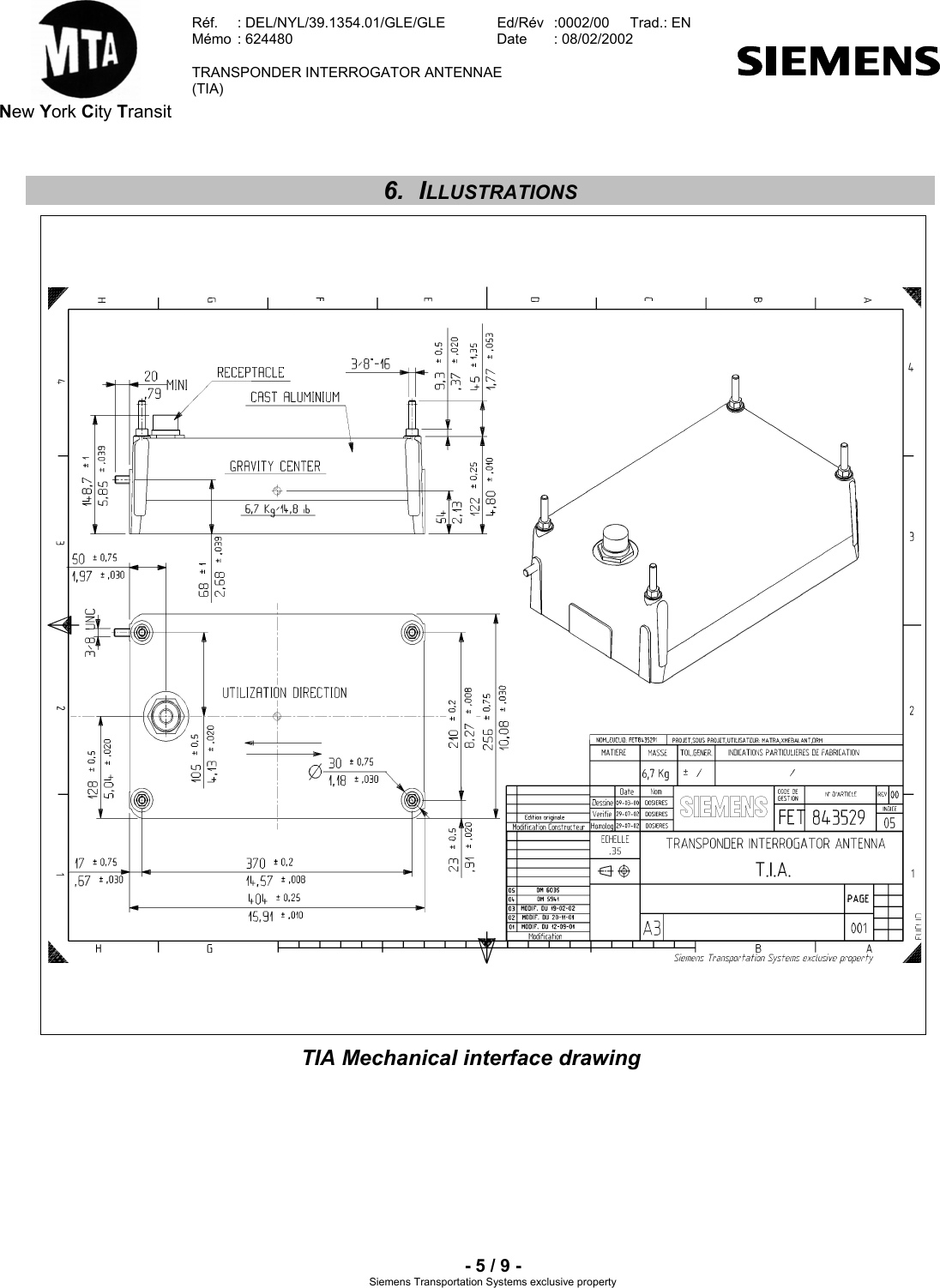  New York City Transit  Réf.  : DEL/NYL/39.1354.01/GLE/GLE   Ed/Rév   :0002/00   Trad.: EN  Mémo  : 624480   Date  : 08/02/2002   TRANSPONDER INTERROGATOR ANTENNAE  (TIA)     - 5 / 9 - Siemens Transportation Systems exclusive property 6. ILLUSTRATIONS       TIA Mechanical interface drawing       