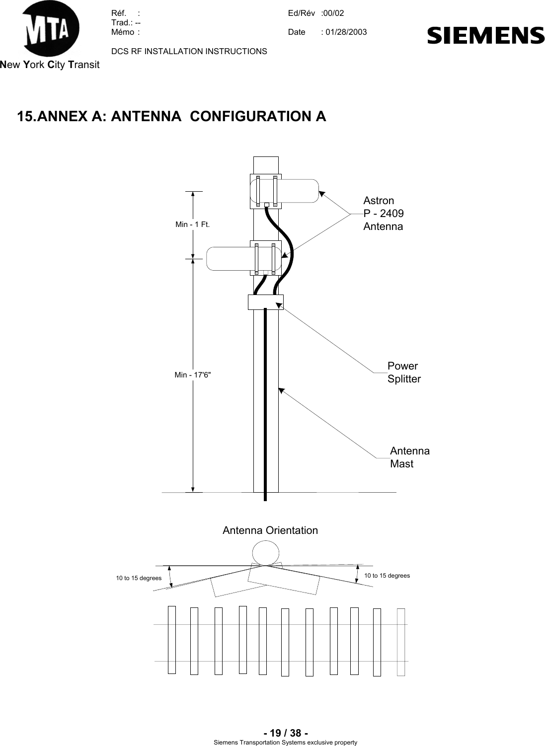  New York City Transit  Réf.  :  Ed/Rév   :00/02  Trad.: --  Mémo  :  Date  : 01/28/2003    DCS RF INSTALLATION INSTRUCTIONS    - 19 / 38 - Siemens Transportation Systems exclusive property 15. ANNEX A: ANTENNA  CONFIGURATION A 10 to 15 degrees10 to 15 degreesAntenna OrientationMin - 1 Ft.AstronP - 2409AntennaAntennaMastMin - 17&apos;6&quot;PowerSplitter 