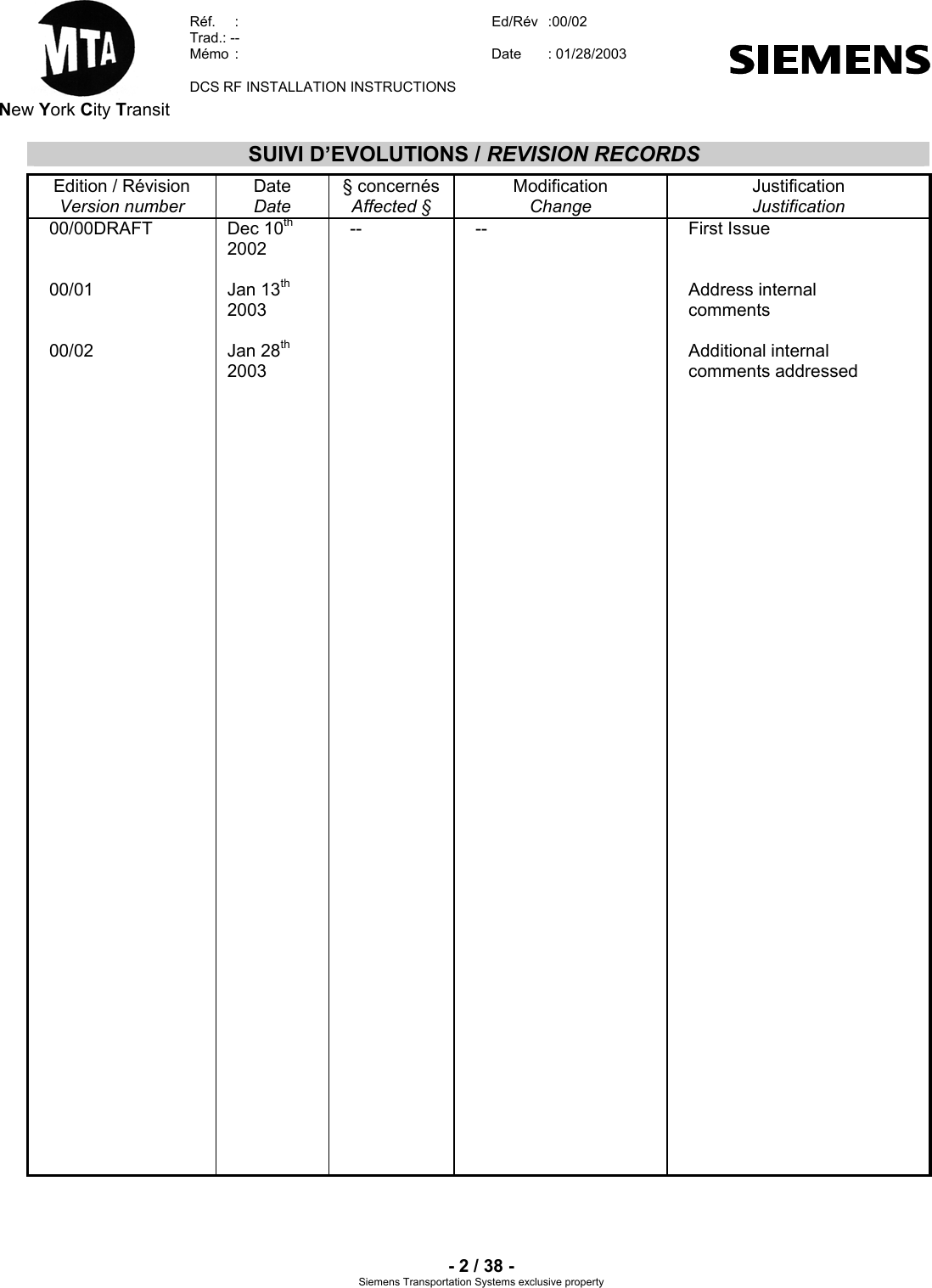  New York City Transit  Réf.  :  Ed/Rév   :00/02  Trad.: --  Mémo  :  Date  : 01/28/2003    DCS RF INSTALLATION INSTRUCTIONS    - 2 / 38 - Siemens Transportation Systems exclusive property SUIVI D’EVOLUTIONS / REVISION RECORDS  Edition / Révision Version number Date Date § concernés Affected § Modification Change Justification Justification 00/00DRAFT   00/01   00/02 Dec 10th  2002  Jan 13th 2003  Jan 28th 2003 -- --  First Issue   Address internal comments   Additional internal comments addressed 