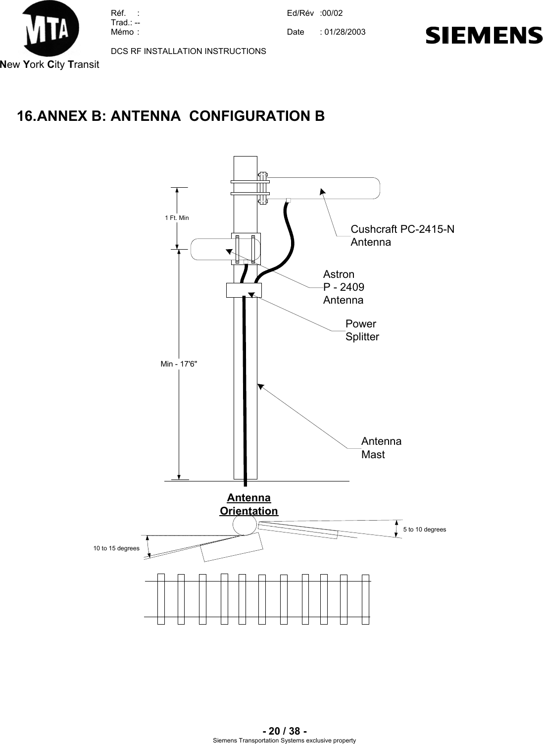  New York City Transit  Réf.  :  Ed/Rév   :00/02  Trad.: --  Mémo  :  Date  : 01/28/2003    DCS RF INSTALLATION INSTRUCTIONS    - 20 / 38 - Siemens Transportation Systems exclusive property 16. ANNEX B: ANTENNA  CONFIGURATION B 1 Ft. MinAstronP - 2409AntennaAntennaMastCushcraft PC-2415-NAntennaMin - 17&apos;6&quot;10 to 15 degreesAntennaOrientation5 to 10 degreesPowerSplitter    