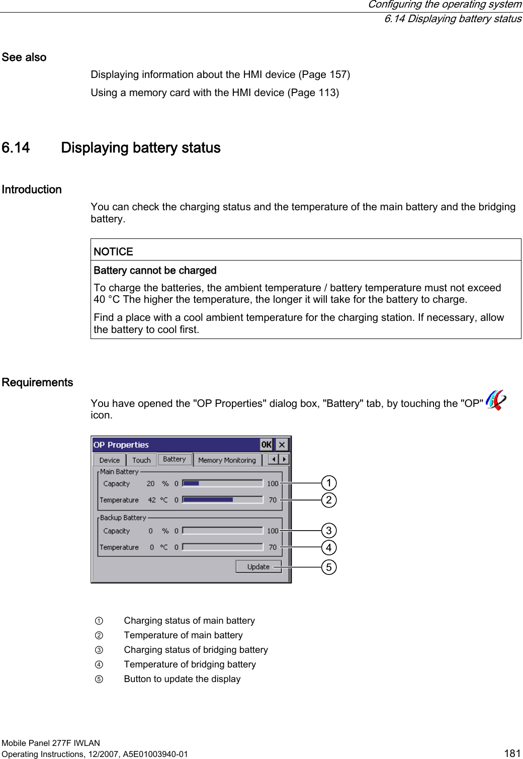  Configuring the operating system  6.14 Displaying battery status Mobile Panel 277F IWLAN Operating Instructions, 12/2007, A5E01003940-01  181 See also Displaying information about the HMI device (Page 157) Using a memory card with the HMI device (Page 113) 6.14 Displaying battery status Introduction You can check the charging status and the temperature of the main battery and the bridging battery.  NOTICE  Battery cannot be charged To charge the batteries, the ambient temperature / battery temperature must not exceed 40 °C The higher the temperature, the longer it will take for the battery to charge.  Find a place with a cool ambient temperature for the charging station. If necessary, allow the battery to cool first.  Requirements You have opened the &quot;OP Properties&quot; dialog box, &quot;Battery&quot; tab, by touching the &quot;OP&quot;   icon.    ①  Charging status of main battery ②  Temperature of main battery ③  Charging status of bridging battery ④  Temperature of bridging battery ⑤  Button to update the display 