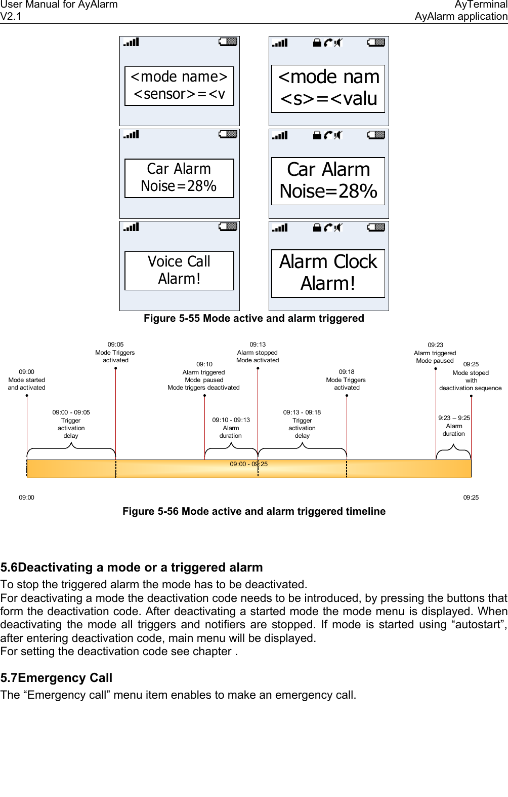 User Manual for AyAlarm AyTerminalV2.1 AyAlarm application&lt;mode name&gt; &lt;sensor&gt;=&lt;v&lt;mode nam &lt;s&gt;=&lt;valuCar Alarm Noise=28%Car Alarm Noise=28%Voice Call Alarm!Alarm Clock Alarm!Figure 5-55 Mode active and alarm triggered09:00 09:2509:05Mode Triggersactivated09:00Mode startedand activated09:25Mode stopedwithdeactivation sequence09:10 - 09:13Alarmduration09:13Alarm stoppedMode activated09:18Mode Triggersactivated09:00 - 09:2509:10Alarm triggeredMode  pausedMode triggers deactivated09:13 - 09:18Triggeractivationdelay09:23Alarm triggeredMode paused09:00 - 09:05TriggeractivationdelayAlarmduration9:23 – 9:25Figure 5-56 Mode active and alarm triggered timeline5.6Deactivating a mode or a triggered alarmTo stop the triggered alarm the mode has to be deactivated.For deactivating a mode the deactivation code needs to be introduced, by pressing the buttons that form the deactivation code. After deactivating a started mode the mode menu is displayed. When deactivating the mode all triggers and notifiers are stopped. If mode is started using “autostart”, after entering deactivation code, main menu will be displayed.For setting the deactivation code see chapter . 5.7Emergency CallThe “Emergency call” menu item enables to make an emergency call.