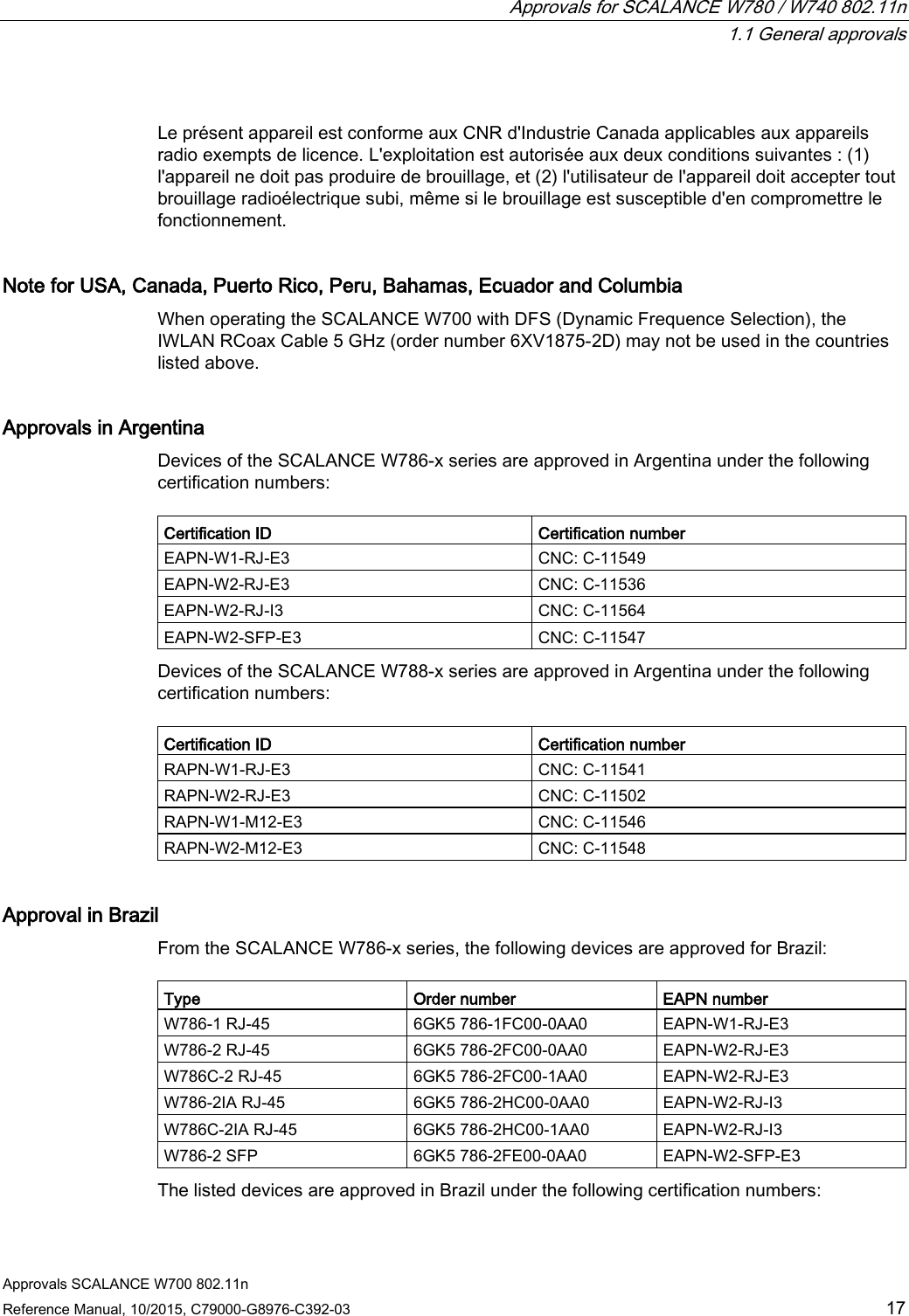  Approvals for SCALANCE W780 / W740 802.11n  1.1 General approvals Approvals SCALANCE W700 802.11n Reference Manual, 10/2015, C79000-G8976-C392-03 17  Le présent appareil est conforme aux CNR d&apos;Industrie Canada applicables aux appareils radio exempts de licence. L&apos;exploitation est autorisée aux deux conditions suivantes : (1) l&apos;appareil ne doit pas produire de brouillage, et (2) l&apos;utilisateur de l&apos;appareil doit accepter tout brouillage radioélectrique subi, même si le brouillage est susceptible d&apos;en compromettre le fonctionnement. Note for USA, Canada, Puerto Rico, Peru, Bahamas, Ecuador and Columbia When operating the SCALANCE W700 with DFS (Dynamic Frequence Selection), the IWLAN RCoax Cable 5 GHz (order number 6XV1875-2D) may not be used in the countries listed above. Approvals in Argentina Devices of the SCALANCE W786-x series are approved in Argentina under the following certification numbers:  Certification ID Certification number EAPN-W1-RJ-E3 CNC: C-11549 EAPN-W2-RJ-E3  CNC: C-11536 EAPN-W2-RJ-I3 CNC: C-11564 EAPN-W2-SFP-E3  CNC: C-11547 Devices of the SCALANCE W788-x series are approved in Argentina under the following certification numbers:  Certification ID Certification number RAPN-W1-RJ-E3 CNC: C-11541 RAPN-W2-RJ-E3 CNC: C-11502 RAPN-W1-M12-E3 CNC: C-11546 RAPN-W2-M12-E3 CNC: C-11548 Approval in Brazil From the SCALANCE W786-x series, the following devices are approved for Brazil:  Type Order number EAPN number W786-1 RJ-45 6GK5 786-1FC00-0AA0 EAPN-W1-RJ-E3 W786-2 RJ-45 6GK5 786-2FC00-0AA0 EAPN-W2-RJ-E3 W786C-2 RJ-45 6GK5 786-2FC00-1AA0 EAPN-W2-RJ-E3 W786-2IA RJ-45 6GK5 786-2HC00-0AA0 EAPN-W2-RJ-I3 W786C-2IA RJ-45 6GK5 786-2HC00-1AA0 EAPN-W2-RJ-I3 W786-2 SFP 6GK5 786-2FE00-0AA0 EAPN-W2-SFP-E3 The listed devices are approved in Brazil under the following certification numbers: 