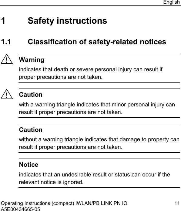 English Operating Instructions (compact) IWLAN/PB LINK PN IO  11 A5E00434665-05 1 Safety instructions 1.1 Classification of safety-related notices !Warning indicates that death or severe personal injury can result if proper precautions are not taken.  !Caution with a warning triangle indicates that minor personal injury can result if proper precautions are not taken.   Caution without a warning triangle indicates that damage to property can result if proper precautions are not taken.   Notice indicates that an undesirable result or status can occur if the relevant notice is ignored.  