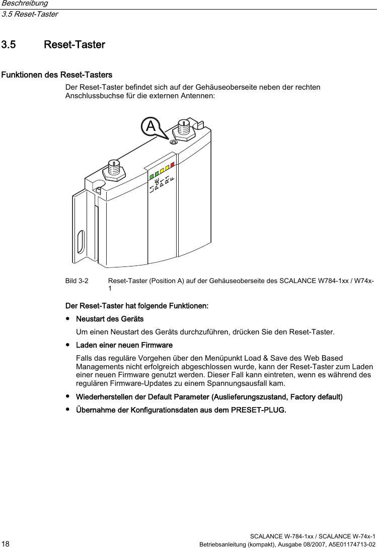 Beschreibung   3.5 Reset-Taster  SCALANCE W-784-1xx / SCALANCE W-74x-1 18  Betriebsanleitung (kompakt), Ausgabe 08/2007, A5E01174713-02 3.5 Reset-Taster Funktionen des Reset-Tasters Der Reset-Taster befindet sich auf der Gehäuseoberseite neben der rechten Anschlussbuchse für die externen Antennen: L1PoEP1R1FA Bild 3-2  Reset-Taster (Position A) auf der Gehäuseoberseite des SCALANCE W784-1xx / W74x-1 Der Reset-Taster hat folgende Funktionen: ● Neustart des Geräts Um einen Neustart des Geräts durchzuführen, drücken Sie den Reset-Taster. ● Laden einer neuen Firmware Falls das reguläre Vorgehen über den Menüpunkt Load &amp; Save des Web Based Managements nicht erfolgreich abgeschlossen wurde, kann der Reset-Taster zum Laden einer neuen Firmware genutzt werden. Dieser Fall kann eintreten, wenn es während des regulären Firmware-Updates zu einem Spannungsausfall kam. ● Wiederherstellen der Default Parameter (Auslieferungszustand, Factory default) ● Übernahme der Konfigurationsdaten aus dem PRESET-PLUG.  