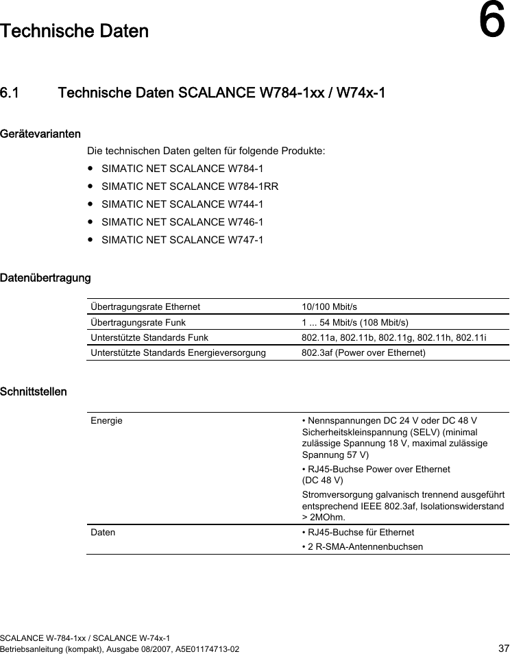  SCALANCE W-784-1xx / SCALANCE W-74x-1 Betriebsanleitung (kompakt), Ausgabe 08/2007, A5E01174713-02  37  Technische Daten 6 6.1 Technische Daten SCALANCE W784-1xx / W74x-1 Gerätevarianten Die technischen Daten gelten für folgende Produkte: ● SIMATIC NET SCALANCE W784-1 ● SIMATIC NET SCALANCE W784-1RR ● SIMATIC NET SCALANCE W744-1 ● SIMATIC NET SCALANCE W746-1 ● SIMATIC NET SCALANCE W747-1 Datenübertragung  Übertragungsrate Ethernet  10/100 Mbit/s Übertragungsrate Funk  1 ... 54 Mbit/s (108 Mbit/s) Unterstützte Standards Funk  802.11a, 802.11b, 802.11g, 802.11h, 802.11i Unterstützte Standards Energieversorgung  802.3af (Power over Ethernet) Schnittstellen  Energie  • Nennspannungen DC 24 V oder DC 48 V Sicherheitskleinspannung (SELV) (minimal zulässige Spannung 18 V, maximal zulässige Spannung 57 V) • RJ45-Buchse Power over Ethernet (DC 48 V) Stromversorgung galvanisch trennend ausgeführt entsprechend IEEE 802.3af, Isolationswiderstand &gt; 2MOhm. Daten  • RJ45-Buchse für Ethernet • 2 R-SMA-Antennenbuchsen 