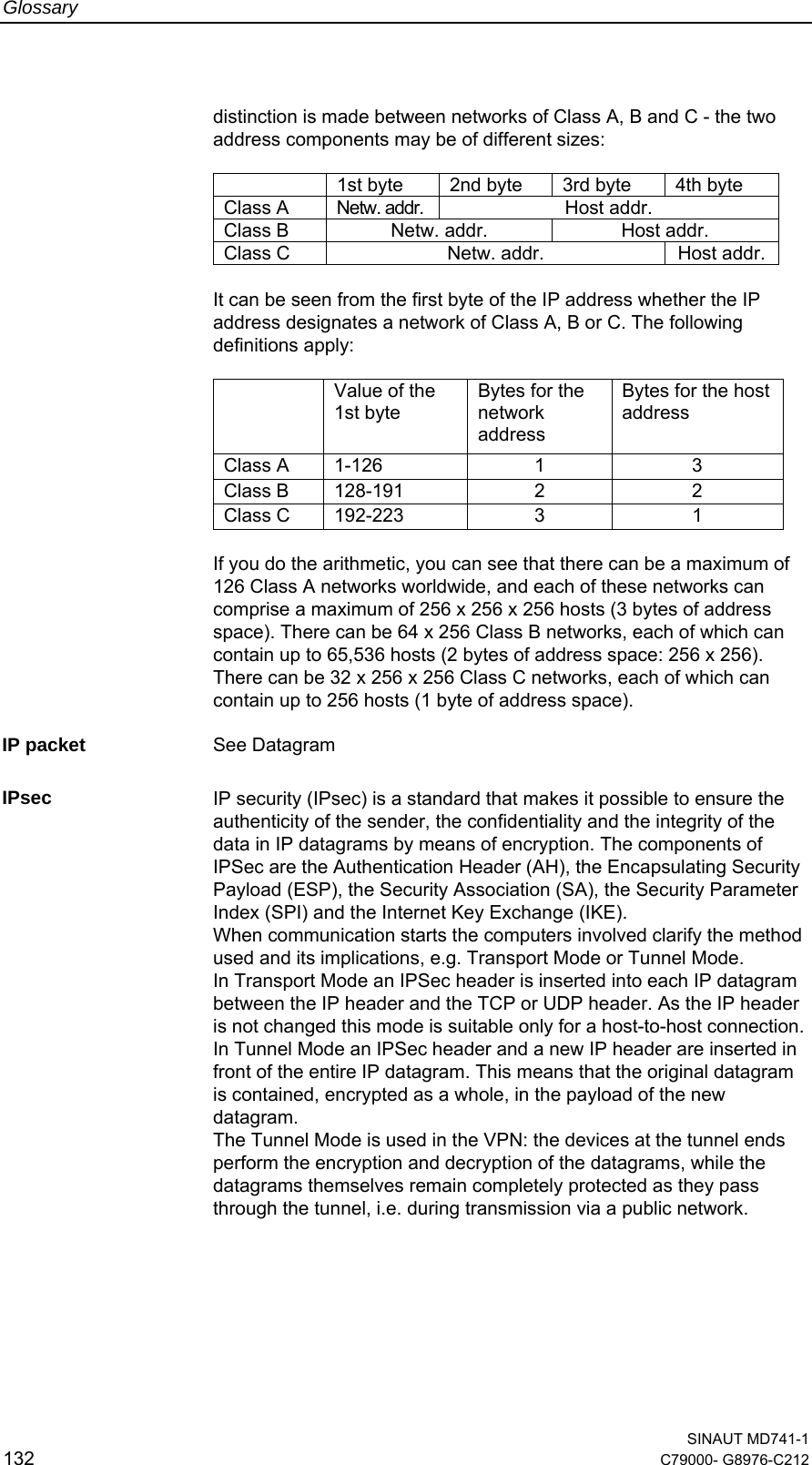 Glossary  SINAUT MD741-1 132  C79000- G8976-C212   distinction is made between networks of Class A, B and C - the two address components may be of different sizes:    1st byte  2nd byte  3rd byte  4th byte Class A  Netw. addr.  Host addr. Class B  Netw. addr.  Host addr. Class C  Netw. addr.  Host addr.  It can be seen from the first byte of the IP address whether the IP address designates a network of Class A, B or C. The following definitions apply:    Value of the 1st byte Bytes for the network address Bytes for the host address Class A  1-126  1  3 Class B  128-191  2  2 Class C  192-223  3  1  If you do the arithmetic, you can see that there can be a maximum of 126 Class A networks worldwide, and each of these networks can comprise a maximum of 256 x 256 x 256 hosts (3 bytes of address space). There can be 64 x 256 Class B networks, each of which can contain up to 65,536 hosts (2 bytes of address space: 256 x 256). There can be 32 x 256 x 256 Class C networks, each of which can contain up to 256 hosts (1 byte of address space).  IP packet  See Datagram  IPsec  IP security (IPsec) is a standard that makes it possible to ensure the authenticity of the sender, the confidentiality and the integrity of the data in IP datagrams by means of encryption. The components of IPSec are the Authentication Header (AH), the Encapsulating Security Payload (ESP), the Security Association (SA), the Security Parameter Index (SPI) and the Internet Key Exchange (IKE).  When communication starts the computers involved clarify the method used and its implications, e.g. Transport Mode or Tunnel Mode. In Transport Mode an IPSec header is inserted into each IP datagram between the IP header and the TCP or UDP header. As the IP header is not changed this mode is suitable only for a host-to-host connection.In Tunnel Mode an IPSec header and a new IP header are inserted in front of the entire IP datagram. This means that the original datagram is contained, encrypted as a whole, in the payload of the new datagram.  The Tunnel Mode is used in the VPN: the devices at the tunnel ends perform the encryption and decryption of the datagrams, while the datagrams themselves remain completely protected as they pass through the tunnel, i.e. during transmission via a public network.   