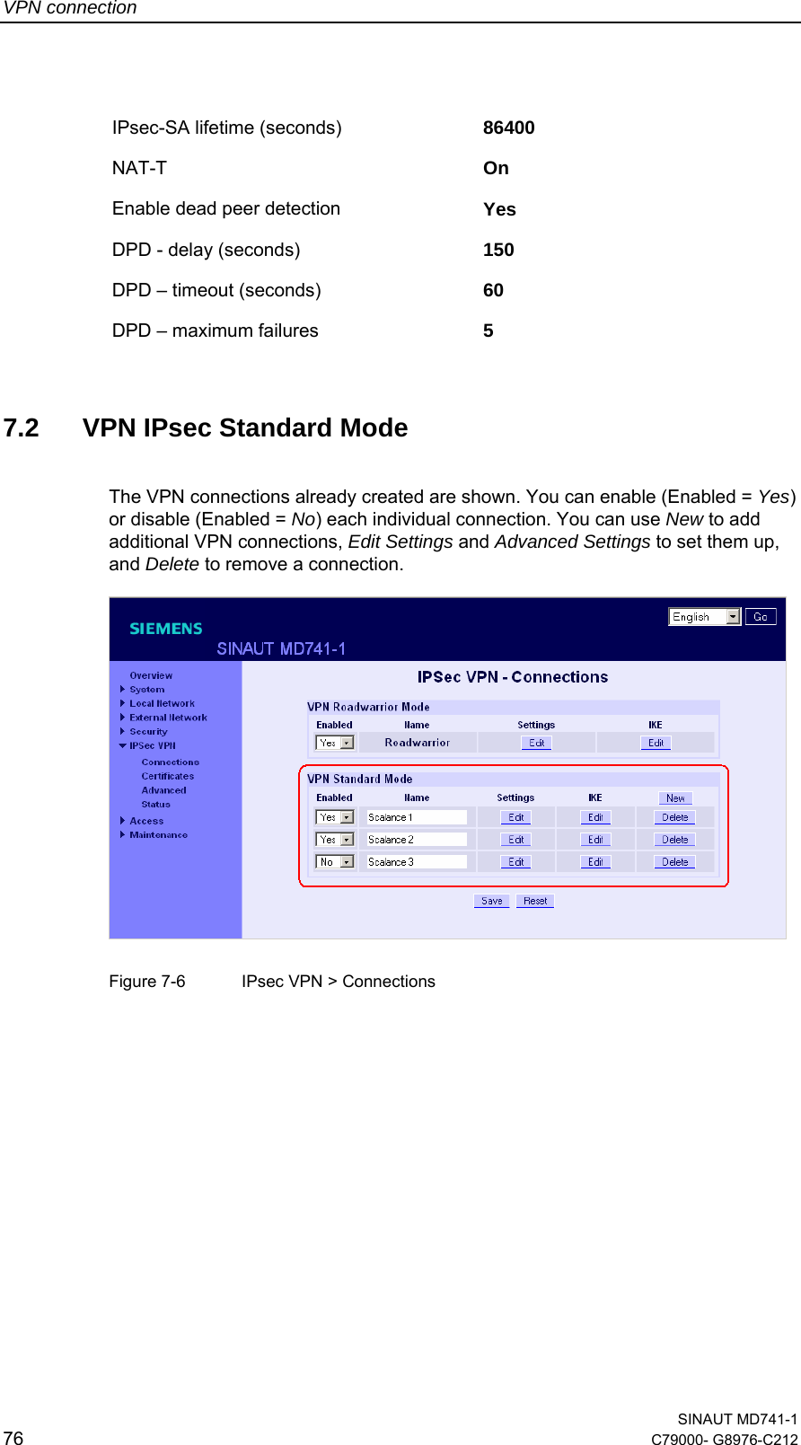 VPN connection  SINAUT MD741-1 76  C79000- G8976-C212    IPsec-SA lifetime (seconds)  86400  NAT-T  On  Enable dead peer detection  Yes  DPD - delay (seconds)  150  DPD – timeout (seconds)  60  DPD – maximum failures  5   7.2  VPN IPsec Standard Mode The VPN connections already created are shown. You can enable (Enabled = Yes) or disable (Enabled = No) each individual connection. You can use New to add additional VPN connections, Edit Settings and Advanced Settings to set them up, and Delete to remove a connection.      Figure 7-6  IPsec VPN &gt; Connections 