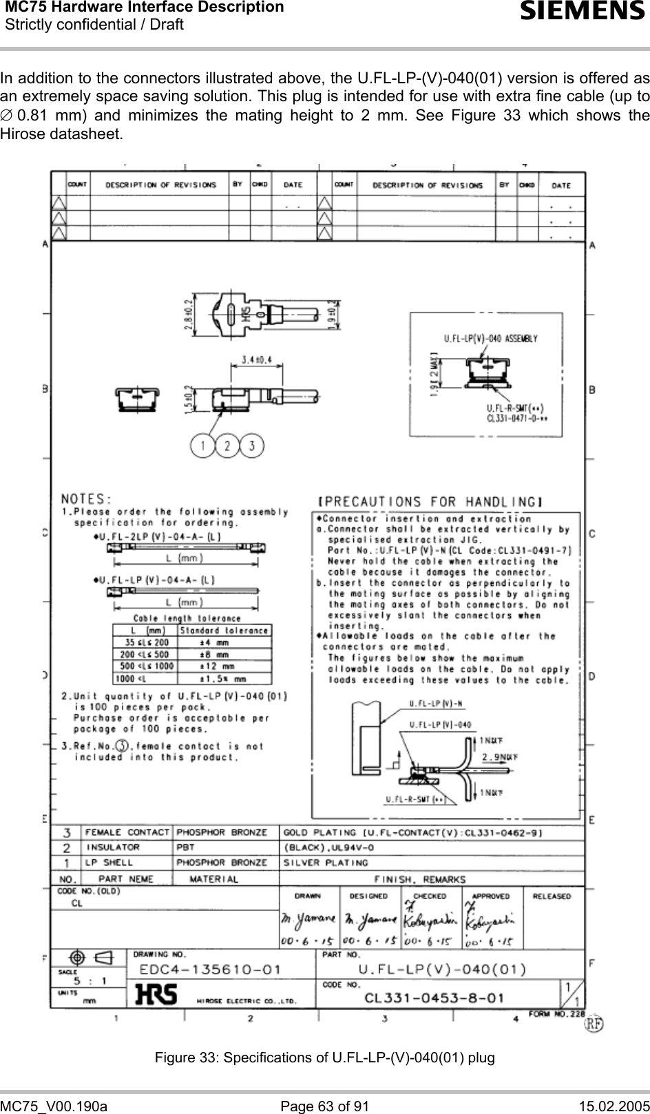 MC75 Hardware Interface Description Strictly confidential / Draft  s MC75_V00.190a  Page 63 of 91  15.02.2005 In addition to the connectors illustrated above, the U.FL-LP-(V)-040(01) version is offered as an extremely space saving solution. This plug is intended for use with extra fine cable (up to ∅ 0.81 mm) and minimizes the mating height to 2 mm. See Figure 33 which shows the Hirose datasheet.    Figure 33: Specifications of U.FL-LP-(V)-040(01) plug 