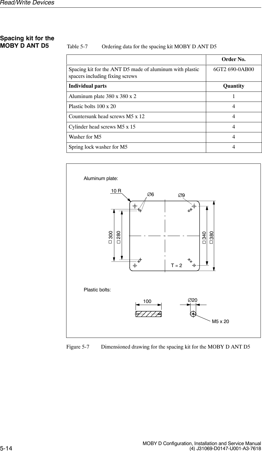 5-14 MOBY D Configuration, Installation and Service Manual(4) J31069-D0147-U001-A3-7618Table 5-7 Ordering data for the spacing kit MOBY D ANT D5Order No.Spacing kit for the ANT D5 made of aluminum with plasticspacers including fixing screws6GT2 690-0AB00Individual parts QuantityAluminum plate 380 x 380 x 2 1Plastic bolts 100 x 20 4Countersunk head screws M5 x 12 4Cylinder head screws M5 x 15 4Washer for M5 4Spring lock washer for M5 4380340300280∅6∅9∅20100M5 x 20Aluminum plate:Plastic bolts:T = 210 RFigure 5-7 Dimensioned drawing for the spacing kit for the MOBY D ANT D5Spacing kit for theMOBY D ANT D5Read/Write Devices
