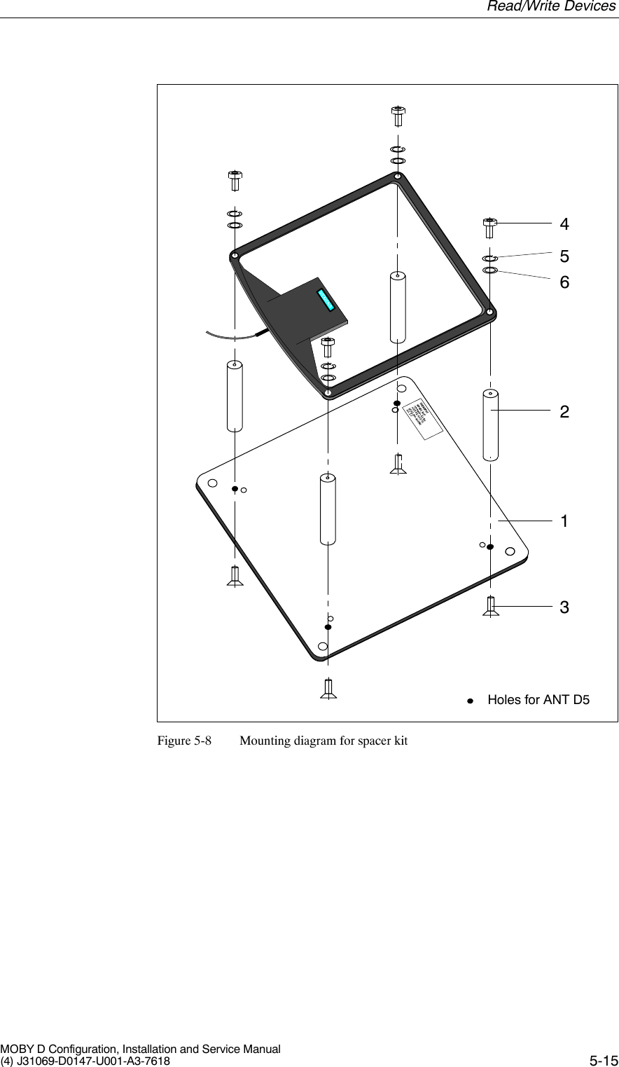5-15MOBY D Configuration, Installation and Service Manual(4) J31069-D0147-U001-A3-7618456213Holes for ANT D5Figure 5-8 Mounting diagram for spacer kitRead/Write Devices