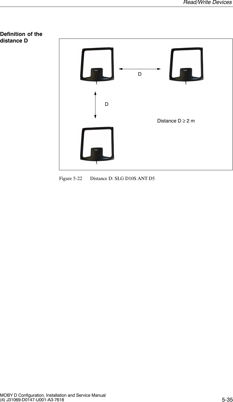 5-35MOBY D Configuration, Installation and Service Manual(4) J31069-D0147-U001-A3-7618Distance D ≥ 2 mDDFigure 5-22 Distance D: SLG D10S ANT D5Definition of thedistance DRead/Write Devices