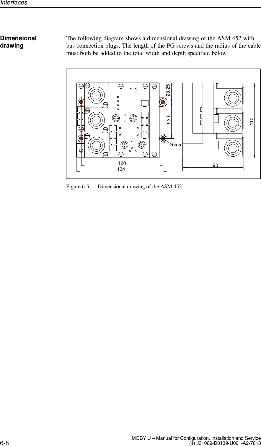 6-8 MOBY U – Manual for Configuration, Installation and Service(4) J31069-D0139-U001-A2-7618The following diagram shows a dimensional drawing of the ASM 452 withbus connection plugs. The length of the PG screws and the radius of the cablemust both be added to the total width and depth specified below.1109053.5 28.25134120Ø 5.5Figure 6-5 Dimensional drawing of the ASM 452DimensionaldrawingInterfaces