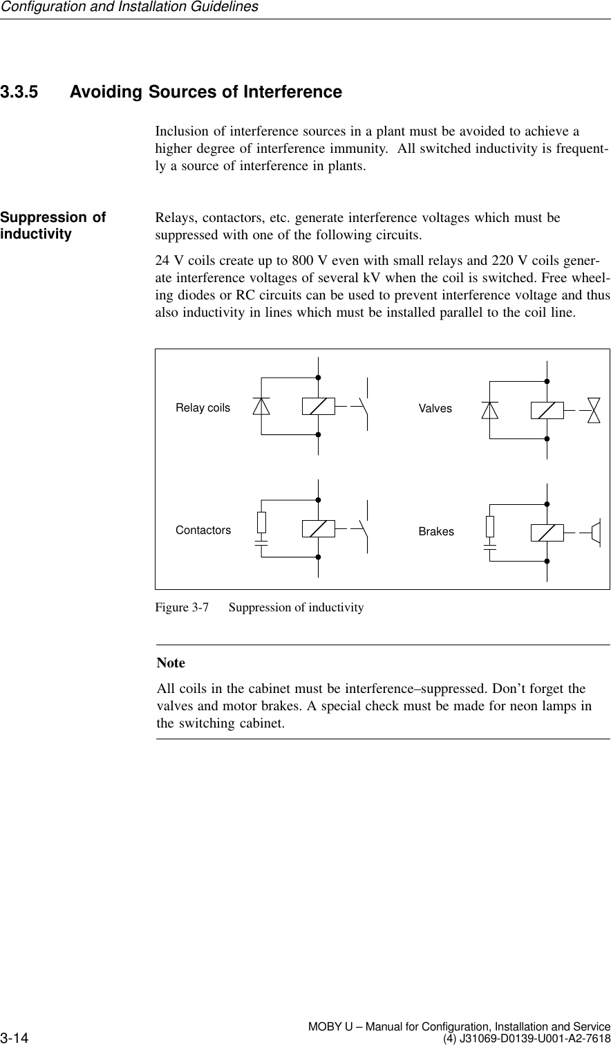 3-14 MOBY U – Manual for Configuration, Installation and Service(4) J31069-D0139-U001-A2-76183.3.5 Avoiding Sources of InterferenceInclusion of interference sources in a plant must be avoided to achieve ahigher degree of interference immunity.  All switched inductivity is frequent-ly a source of interference in plants.Relays, contactors, etc. generate interference voltages which must besuppressed with one of the following circuits.24 V coils create up to 800 V even with small relays and 220 V coils gener-ate interference voltages of several kV when the coil is switched. Free wheel-ing diodes or RC circuits can be used to prevent interference voltage and thusalso inductivity in lines which must be installed parallel to the coil line.Relay coilsContactorsValvesBrakesFigure 3-7 Suppression of inductivityNoteAll coils in the cabinet must be interference–suppressed. Don’t forget thevalves and motor brakes. A special check must be made for neon lamps inthe switching cabinet.Suppression ofinductivityConfiguration and Installation Guidelines