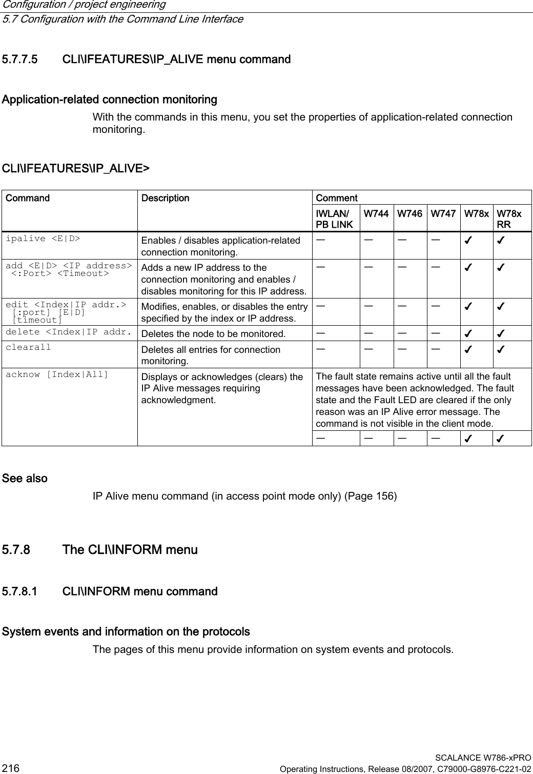 Configuration / project engineering   5.7 Configuration with the Command Line Interface  SCALANCE W786-xPRO 216  Operating Instructions, Release 08/2007, C79000-G8976-C221-02 5.7.7.5 CLI\IFEATURES\IP_ALIVE menu command Application-related connection monitoring With the commands in this menu, you set the properties of application-related connection monitoring. CLI\IFEATURES\IP_ALIVE&gt;  Comment Command Description IWLAN/ PB LINK W744 W746 W747 W78x W78x RR ipalive &lt;E|D&gt; Enables / disables application-related connection monitoring. ᅳ ᅳ ᅳ ᅳ ✔ ✔ add &lt;E|D&gt; &lt;IP address&gt;  &lt;:Port&gt; &lt;Timeout&gt; Adds a new IP address to the connection monitoring and enables / disables monitoring for this IP address.ᅳ ᅳ ᅳ ᅳ ✔ ✔ edit &lt;Index|IP addr.&gt;  [:port] [E|D]  [timeout] Modifies, enables, or disables the entry specified by the index or IP address. ᅳ ᅳ ᅳ ᅳ ✔ ✔ delete &lt;Index|IP addr. Deletes the node to be monitored.  ᅳ ᅳ ᅳ ᅳ ✔ ✔ clearall Deletes all entries for connection monitoring. ᅳ ᅳ ᅳ ᅳ ✔ ✔ The fault state remains active until all the fault messages have been acknowledged. The fault state and the Fault LED are cleared if the only reason was an IP Alive error message. The command is not visible in the client mode. acknow [Index|All] Displays or acknowledges (clears) the IP Alive messages requiring acknowledgment. ᅳ ᅳ ᅳ ᅳ ✔ ✔ See also IP Alive menu command (in access point mode only) (Page 156) 5.7.8 The CLI\INFORM menu 5.7.8.1 CLI\INFORM menu command System events and information on the protocols The pages of this menu provide information on system events and protocols. 