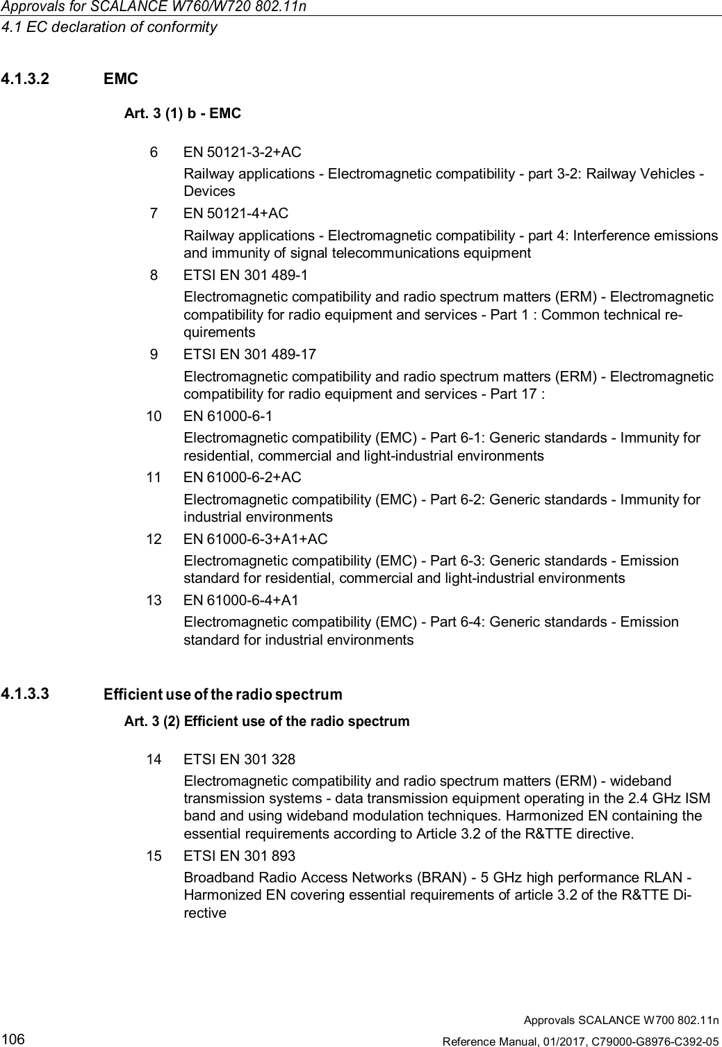 Approvals for SCALANCE W760/W720 802.11n4.1 EC declaration of conformityApprovals SCALANCE W700 802.11nReference Manual, 01/2017, C79000-G8976-C392-051064.1.3.2 EMCArt. 3 (1) b - EMC6  EN 50121-3-2+ACRailway applications - Electromagnetic compatibility - part 3-2: Railway Vehicles -Devices7  EN 50121-4+ACRailway applications - Electromagnetic compatibility - part 4: Interference emissionsand immunity of signal telecommunications equipment8  ETSI EN 301 489-1Electromagnetic compatibility and radio spectrum matters (ERM) - Electromagneticcompatibility for radio equipment and services - Part 1 : Common technical re-quirements9  ETSI EN 301 489-17Electromagnetic compatibility and radio spectrum matters (ERM) - Electromagneticcompatibility for radio equipment and services - Part 17 :10  EN 61000-6-1Electromagnetic compatibility (EMC) - Part 6-1: Generic standards - Immunity forresidential, commercial and light-industrial environments11  EN 61000-6-2+ACElectromagnetic compatibility (EMC) - Part 6-2: Generic standards - Immunity forindustrial environments12  EN 61000-6-3+A1+ACElectromagnetic compatibility (EMC) - Part 6-3: Generic standards - Emissionstandard for residential, commercial and light-industrial environments13  EN 61000-6-4+A1Electromagnetic compatibility (EMC) - Part 6-4: Generic standards - Emissionstandard for industrial environments4.1.3.3Efficient use of the radio spectrumArt. 3 (2) Efficient use of the radio spectrum14ETSI EN 301 328Electromagnetic compatibility and radio spectrum matters (ERM) - widebandtransmission systems - data transmission equipment operating in the 2.4 GHz ISMband and using wideband modulation techniques. Harmonized EN containing theessential requirements according to Article 3.2 of the R&amp;TTE directive.15ETSI EN 301 893Broadband Radio Access Networks (BRAN) - 5 GHz high performance RLAN -Harmonized EN covering essential requirements of article 3.2 of the R&amp;TTE Di-rective