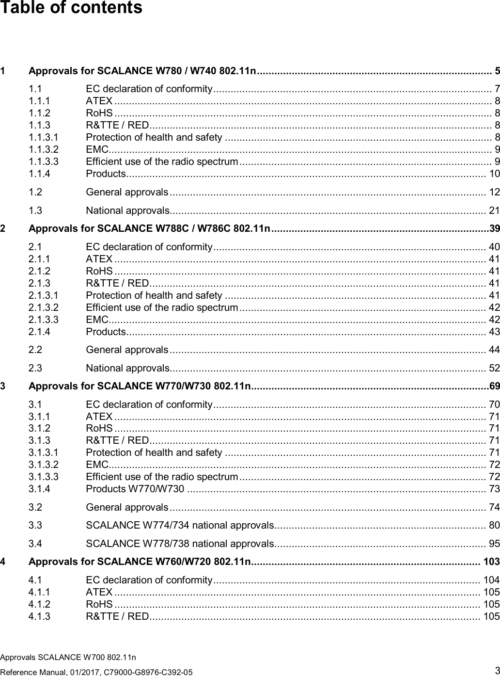 Approvals SCALANCE W700 802.11nReference Manual, 01/2017, C79000-G8976-C392-053Table of contents1Approvals for SCALANCE W780 / W740 802.11n ................................................................................. 51.1EC declaration of conformity ................................................................................................ 71.1.1ATEX .................................................................................................................................. 81.1.2RoHS .................................................................................................................................. 81.1.3R&amp;TTE / RED ...................................................................................................................... 81.1.3.1Protection of health and safety ............................................................................................ 81.1.3.2EMC.................................................................................................................................... 91.1.3.3Efficient use of the radio spectrum ....................................................................................... 91.1.4Products ............................................................................................................................ 101.2General approvals ............................................................................................................. 121.3National approvals ............................................................................................................. 212Approvals for SCALANCE W788C / W786C 802.11n ...........................................................................392.1EC declaration of conformity .............................................................................................. 402.1.1ATEX ................................................................................................................................ 412.1.2RoHS ................................................................................................................................ 412.1.3R&amp;TTE / RED .................................................................................................................... 412.1.3.1Protection of health and safety .......................................................................................... 412.1.3.2Efficient use of the radio spectrum ..................................................................................... 422.1.3.3EMC.................................................................................................................................. 422.1.4Products ............................................................................................................................ 432.2General approvals ............................................................................................................. 442.3National approvals ............................................................................................................. 523Approvals for SCALANCE W770/W730 802.11n..................................................................................693.1EC declaration of conformity .............................................................................................. 703.1.1ATEX ................................................................................................................................ 713.1.2RoHS ................................................................................................................................ 713.1.3R&amp;TTE / RED .................................................................................................................... 713.1.3.1Protection of health and safety .......................................................................................... 713.1.3.2EMC.................................................................................................................................. 723.1.3.3Efficient use of the radio spectrum ..................................................................................... 723.1.4Products W770/W730 ....................................................................................................... 733.2General approvals ............................................................................................................. 743.3SCALANCE W774/734 national approvals ......................................................................... 803.4SCALANCE W778/738 national approvals ......................................................................... 954Approvals for SCALANCE W760/W720 802.11n............................................................................... 1034.1EC declaration of conformity ............................................................................................ 1044.1.1ATEX .............................................................................................................................. 1054.1.2RoHS .............................................................................................................................. 1054.1.3R&amp;TTE / RED .................................................................................................................. 105