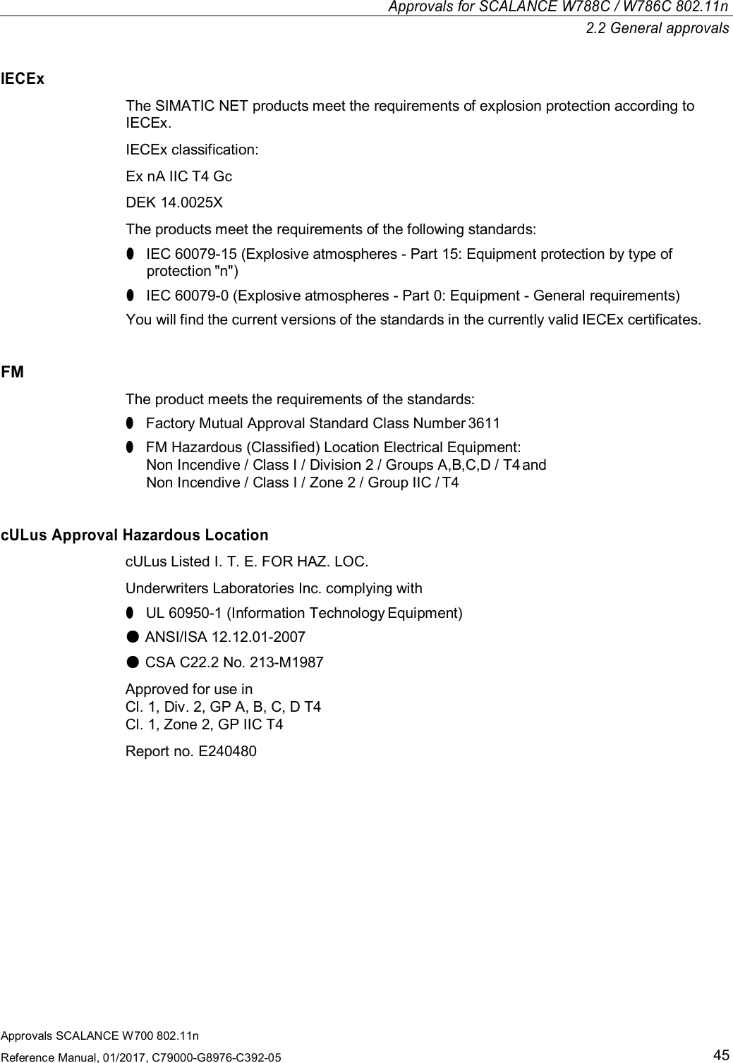 Approvals SCALANCE W700 802.11nReference Manual, 01/2017, C79000-G8976-C392-0545Approvals for SCALANCE W788C/ W786C 802.11n2.2 General approvalsIECExThe SIMATIC NET products meet the requirements of explosion protection according toIECEx.IECEx classification:Ex nA IIC T4 GcDEK 14.0025XThe products meet the requirements of the following standards:●IEC 60079-15 (Explosive atmospheres - Part 15: Equipment protection by type ofprotection &quot;n&quot;)●IEC 60079-0 (Explosive atmospheres - Part 0: Equipment - General requirements)You will find the current versions of the standards in the currently valid IECEx certificates.FMThe product meets the requirements of the standards:●Factory Mutual Approval Standard Class Number 3611●FM Hazardous (Classified) Location Electrical Equipment:Non Incendive / Class I / Division 2 / Groups A,B,C,D / T4 andNon Incendive / Class I / Zone 2 / Group IIC / T4cULus Approval Hazardous LocationcULus Listed I. T. E. FOR HAZ. LOC.Underwriters Laboratories Inc. complying with●UL 60950-1 (Information Technology Equipment)●ANSI/ISA 12.12.01-2007●CSA C22.2 No. 213-M1987Approved for use inCl. 1, Div. 2, GP A, B, C, D T4Cl. 1, Zone 2, GP IIC T4Report no. E240480