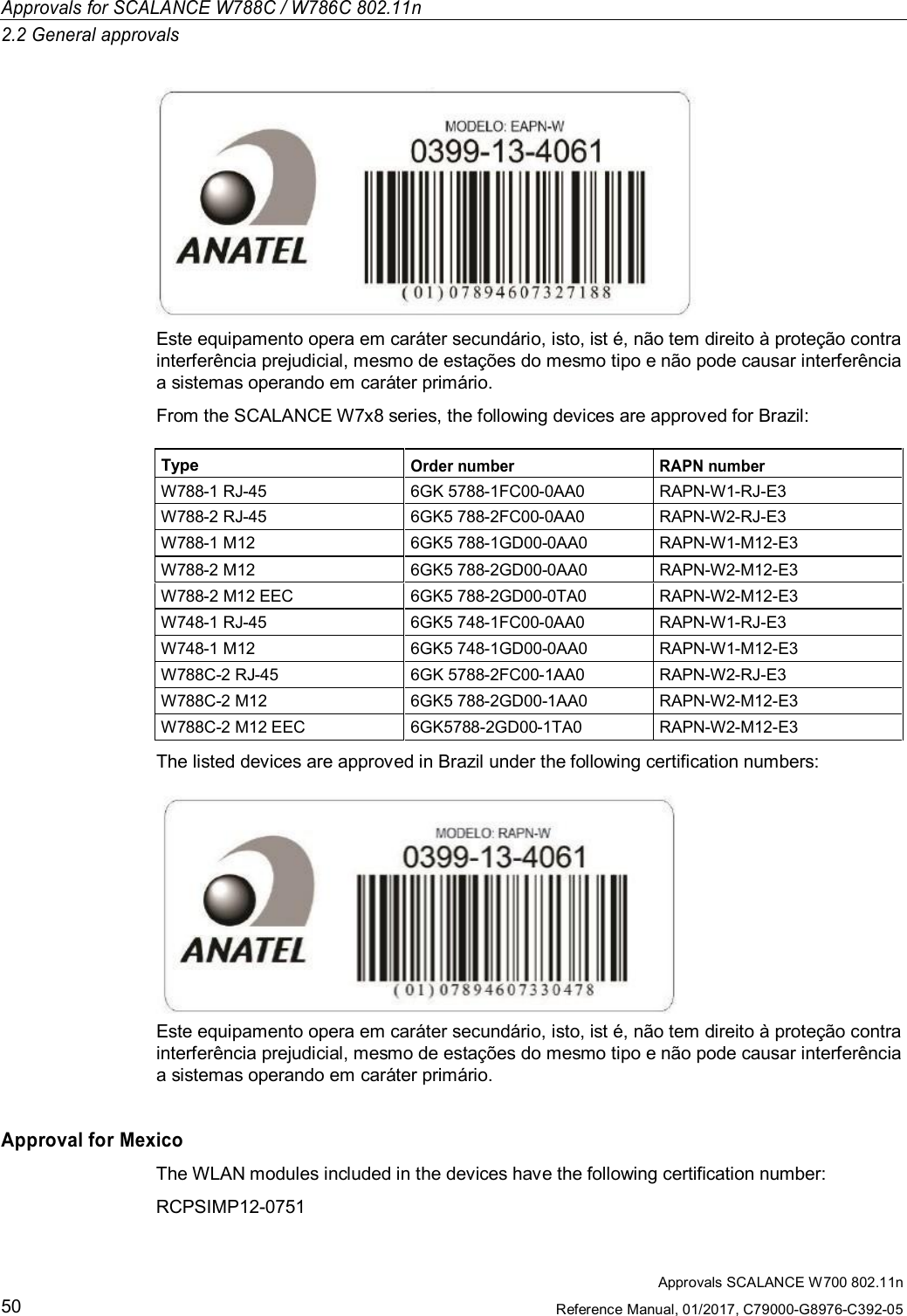 Approvals for SCALANCE W788C / W786C 802.11n2.2 General approvalsApprovals SCALANCE W700 802.11nReference Manual, 01/2017, C79000-G8976-C392-0550Este equipamento opera em caráter secundário, isto, ist é, não tem direito à proteção contrainterferência prejudicial, mesmo de estações do mesmo tipo e não pode causar interferênciaa sistemas operando em caráter primário.From the SCALANCE W7x8 series, the following devices are approved for Brazil:TypeOrder number RAPN numberW788-1 RJ-45 6GK 5788-1FC00-0AA0 RAPN-W1-RJ-E3W788-2 RJ-45 6GK5 788-2FC00-0AA0 RAPN-W2-RJ-E3W788-1 M12 6GK5 788-1GD00-0AA0 RAPN-W1-M12-E3W788-2 M12 6GK5 788-2GD00-0AA0 RAPN-W2-M12-E3W788-2 M12 EEC 6GK5 788-2GD00-0TA0 RAPN-W2-M12-E3W748-1 RJ-45 6GK5 748-1FC00-0AA0 RAPN-W1-RJ-E3W748-1 M12 6GK5 748-1GD00-0AA0 RAPN-W1-M12-E3W788C-2 RJ-45 6GK 5788-2FC00-1AA0 RAPN-W2-RJ-E3W788C-2 M12 6GK5 788-2GD00-1AA0 RAPN-W2-M12-E3W788C-2 M12 EEC 6GK5788-2GD00-1TA0 RAPN-W2-M12-E3The listed devices are approved in Brazil under the following certification numbers:Este equipamento opera em caráter secundário, isto, ist é, não tem direito à proteção contrainterferência prejudicial, mesmo de estações do mesmo tipo e não pode causar interferênciaa sistemas operando em caráter primário.Approval for MexicoThe WLAN modules included in the devices have the following certification number:RCPSIMP12-0751