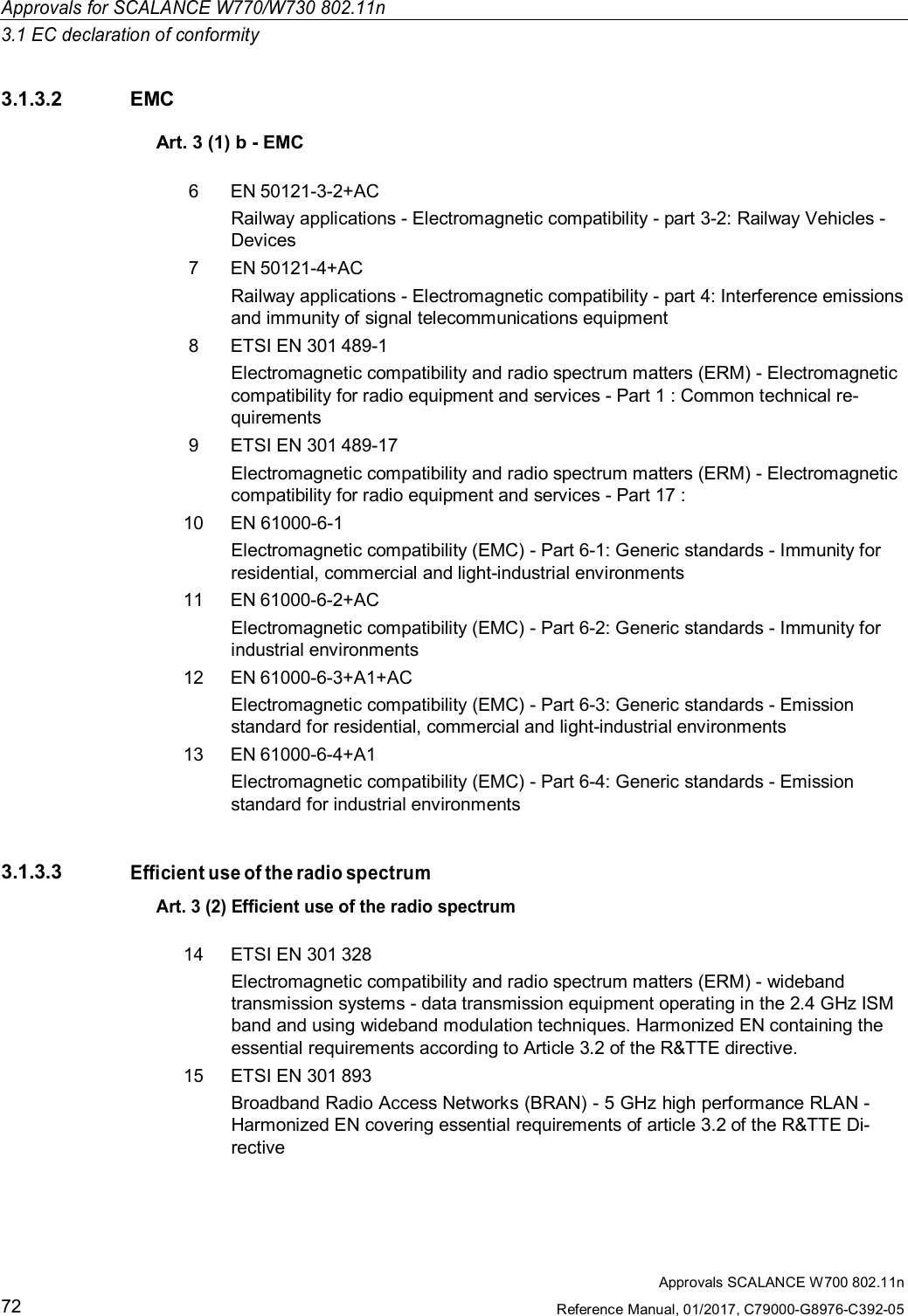 Approvals for SCALANCE W770/W730 802.11n3.1 EC declaration of conformityApprovals SCALANCE W700 802.11nReference Manual, 01/2017, C79000-G8976-C392-05723.1.3.2 EMCArt. 3 (1) b - EMC6  EN 50121-3-2+ACRailway applications - Electromagnetic compatibility - part 3-2: Railway Vehicles -Devices7  EN 50121-4+ACRailway applications - Electromagnetic compatibility - part 4: Interference emissionsand immunity of signal telecommunications equipment8  ETSI EN 301 489-1Electromagnetic compatibility and radio spectrum matters (ERM) - Electromagneticcompatibility for radio equipment and services - Part 1 : Common technical re-quirements9  ETSI EN 301 489-17Electromagnetic compatibility and radio spectrum matters (ERM) - Electromagneticcompatibility for radio equipment and services - Part 17 :10  EN 61000-6-1Electromagnetic compatibility (EMC) - Part 6-1: Generic standards - Immunity forresidential, commercial and light-industrial environments11  EN 61000-6-2+ACElectromagnetic compatibility (EMC) - Part 6-2: Generic standards - Immunity forindustrial environments12  EN 61000-6-3+A1+ACElectromagnetic compatibility (EMC) - Part 6-3: Generic standards - Emissionstandard for residential, commercial and light-industrial environments13  EN 61000-6-4+A1Electromagnetic compatibility (EMC) - Part 6-4: Generic standards - Emissionstandard for industrial environments3.1.3.3Efficient use of the radio spectrumArt. 3 (2) Efficient use of the radio spectrum14ETSI EN 301 328Electromagnetic compatibility and radio spectrum matters (ERM) - widebandtransmission systems - data transmission equipment operating in the 2.4 GHz ISMband and using wideband modulation techniques. Harmonized EN containing theessential requirements according to Article 3.2 of the R&amp;TTE directive.15ETSI EN 301 893Broadband Radio Access Networks (BRAN) - 5 GHz high performance RLAN -Harmonized EN covering essential requirements of article 3.2 of the R&amp;TTE Di-rective