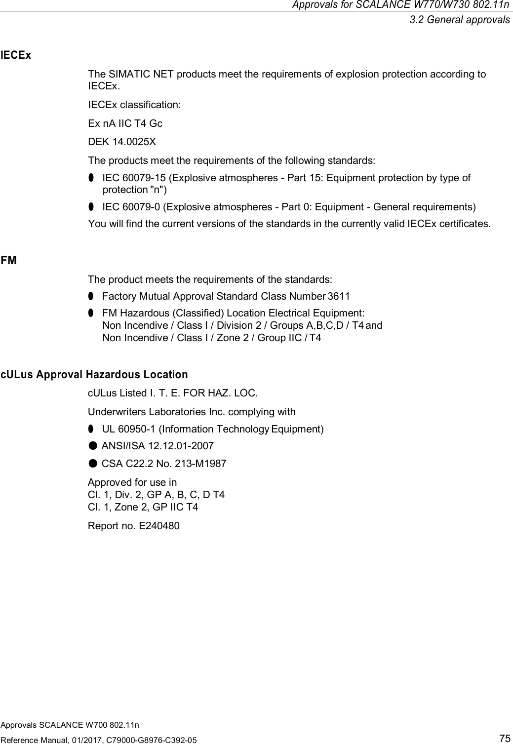 Approvals SCALANCE W700 802.11nReference Manual, 01/2017, C79000-G8976-C392-0575Approvals for SCALANCE W770/W730 802.11n3.2 General approvalsIECExThe SIMATIC NET products meet the requirements of explosion protection according toIECEx.IECEx classification:Ex nA IIC T4 GcDEK 14.0025XThe products meet the requirements of the following standards:●IEC 60079-15 (Explosive atmospheres - Part 15: Equipment protection by type ofprotection &quot;n&quot;)●IEC 60079-0 (Explosive atmospheres - Part 0: Equipment - General requirements)You will find the current versions of the standards in the currently valid IECEx certificates.FMThe product meets the requirements of the standards:●Factory Mutual Approval Standard Class Number 3611●FM Hazardous (Classified) Location Electrical Equipment:Non Incendive / Class I / Division 2 / Groups A,B,C,D / T4 andNon Incendive / Class I / Zone 2 / Group IIC / T4cULus Approval Hazardous LocationcULus Listed I. T. E. FOR HAZ. LOC.Underwriters Laboratories Inc. complying with●UL 60950-1 (Information Technology Equipment)●ANSI/ISA 12.12.01-2007●CSA C22.2 No. 213-M1987Approved for use inCl. 1, Div. 2, GP A, B, C, D T4Cl. 1, Zone 2, GP IIC T4Report no. E240480