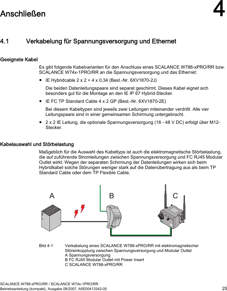  SCALANCE W788-xPRO/RR / SCALANCE W74x-1PRO/RR Betriebsanleitung (kompakt), Ausgabe 08/2007, A5E00413342-05  25  Anschließen 4 4.1 Verkabelung für Spannungsversorgung und Ethernet Geeignete Kabel Es gibt folgende Kabelvarianten für den Anschluss eines SCALANCE W788-xPRO/RR bzw. SCALANCE W74x-1PRO/RR an die Spannungsversorgung und das Ethernet:  ● IE Hybridcable 2 x 2 + 4 x 0,34 (Best.-Nr. 6XV1870-2J) Die beiden Datenleitungspaare sind separat geschirmt. Dieses Kabel eignet sich besonders gut für die Montage an den IE IP 67 Hybrid-Stecker. ● IE FC TP Standard Cable 4 x 2 GP (Best.-Nr. 6XV1870-2E) Bei diesem Kabeltypen sind jeweils zwei Leitungen miteinander verdrillt. Alle vier Leitungspaare sind in einer gemeinsamen Schirmung untergebracht. ● 2 x 2 IE Leitung, die optionale Spannungsversorgung (18 - 48 V DC) erfolgt über M12-Stecker. Kabelauswahl und Störbelastung Maßgeblich für die Auswahl des Kabeltyps ist auch die elektromagnetische Störbelastung, die auf zuführende Stromleitungen zwischen Spannungsversorgung und FC RJ45 Modular Outlet wirkt. Wegen der separaten Schirmung der Datenleitungen wirken sich beim Hybridkabel solche Störungen weniger stark auf die Datenübertragung aus als beim TP Standard Cable oder dem TP Flexible Cable. AB C Bild 4-1  Verkabelung eines SCALANCE W788-xPRO/RR mit elektromagnetischer Störeinkopplung zwischen Spannungsversorgung und Modular Outlet A Spannungsversorgung B FC RJ45 Modular Outlet mit Power Insert C SCALANCE W788-xPRO/RR 