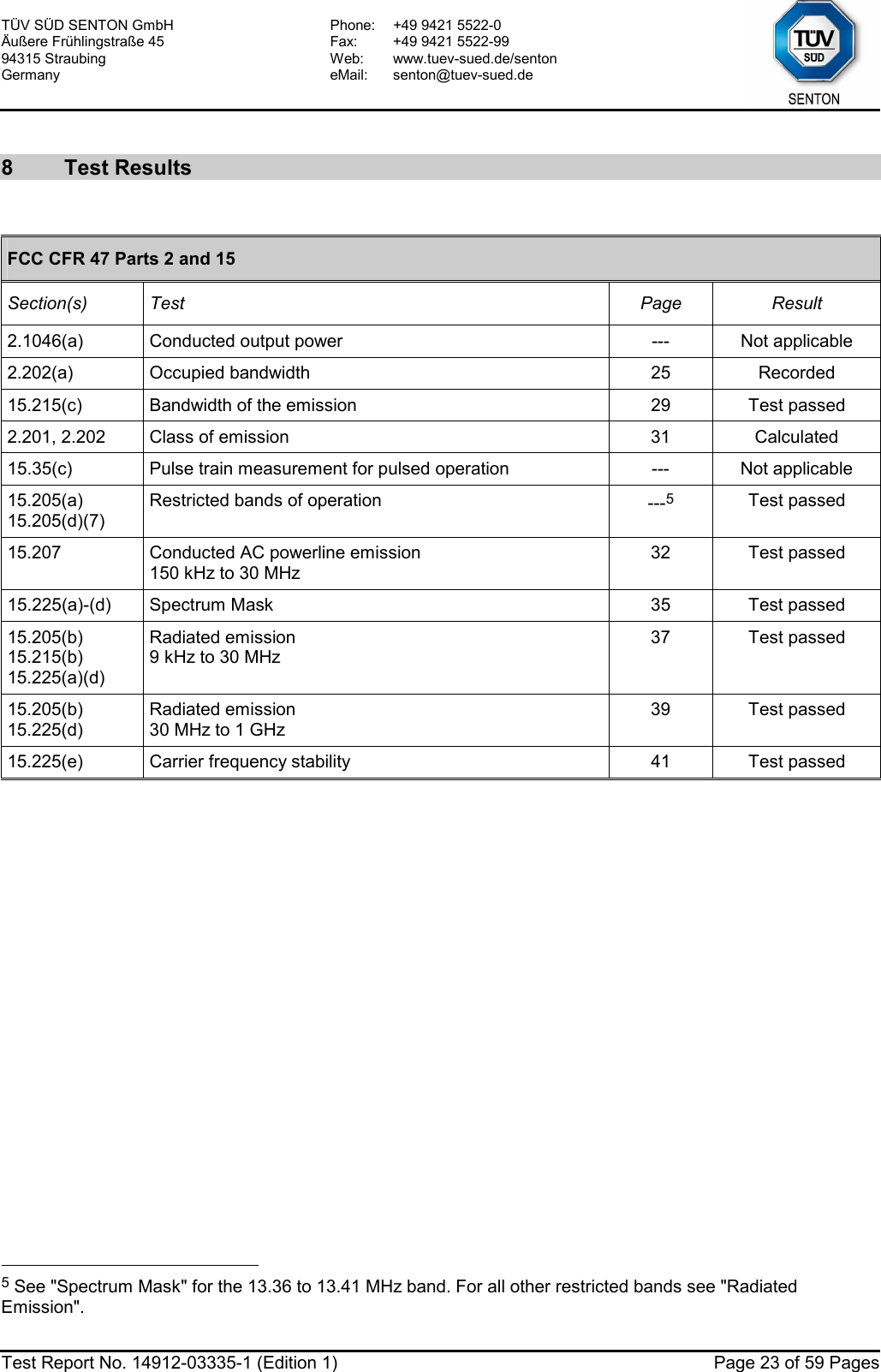 TÜV SÜD SENTON GmbH Äußere Frühlingstraße 45 94315 Straubing Germany Phone:  +49 9421 5522-0 Fax:  +49 9421 5522-99 Web: www.tuev-sued.de/senton eMail: senton@tuev-sued.de  Test Report No. 14912-03335-1 (Edition 1)  Page 23 of 59 Pages  8 Test Results  FCC CFR 47 Parts 2 and 15 Section(s) Test  Page  Result 2.1046(a)  Conducted output power  ---  Not applicable 2.202(a) Occupied bandwidth  25  Recorded 15.215(c)  Bandwidth of the emission  29  Test passed 2.201, 2.202  Class of emission  31  Calculated 15.35(c)  Pulse train measurement for pulsed operation  ---  Not applicable 15.205(a) 15.205(d)(7) Restricted bands of operation  ---5 Test passed 15.207  Conducted AC powerline emission 150 kHz to 30 MHz 32 Test passed 15.225(a)-(d)  Spectrum Mask  35  Test passed 15.205(b) 15.215(b) 15.225(a)(d) Radiated emission 9 kHz to 30 MHz 37 Test passed 15.205(b) 15.225(d) Radiated emission 30 MHz to 1 GHz 39 Test passed 15.225(e)  Carrier frequency stability  41  Test passed                                                   5 See &quot;Spectrum Mask&quot; for the 13.36 to 13.41 MHz band. For all other restricted bands see &quot;Radiated Emission&quot;. 