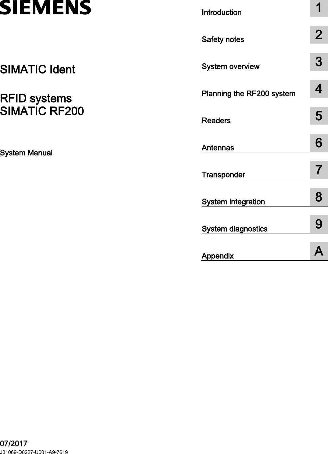     SIMATIC Ident RFID systems SIMATIC RF200 System Manual   07/2017 J31069-D0227-U001-A9-7619 Introduction  1  Safety notes  2  System overview  3  Planning the RF200 system  4  Readers  5  Antennas  6  Transponder  7  System integration  8  System diagnostics  9  Appendix  A 