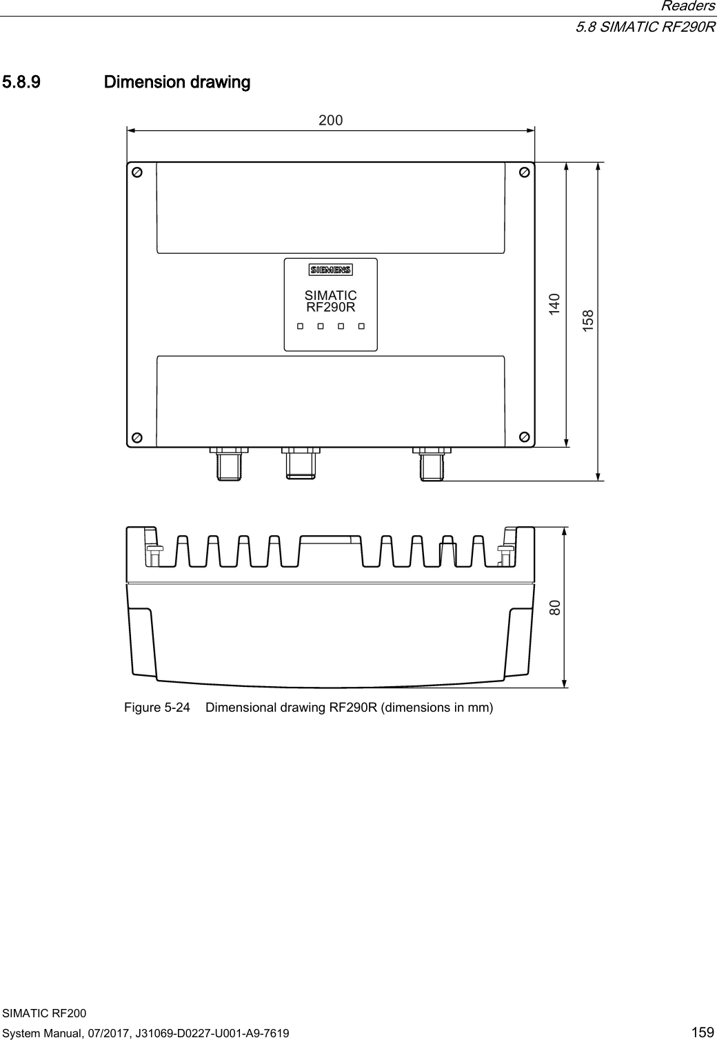  Readers  5.8 SIMATIC RF290R SIMATIC RF200 System Manual, 07/2017, J31069-D0227-U001-A9-7619 159 5.8.9 Dimension drawing  Figure 5-24 Dimensional drawing RF290R (dimensions in mm) 