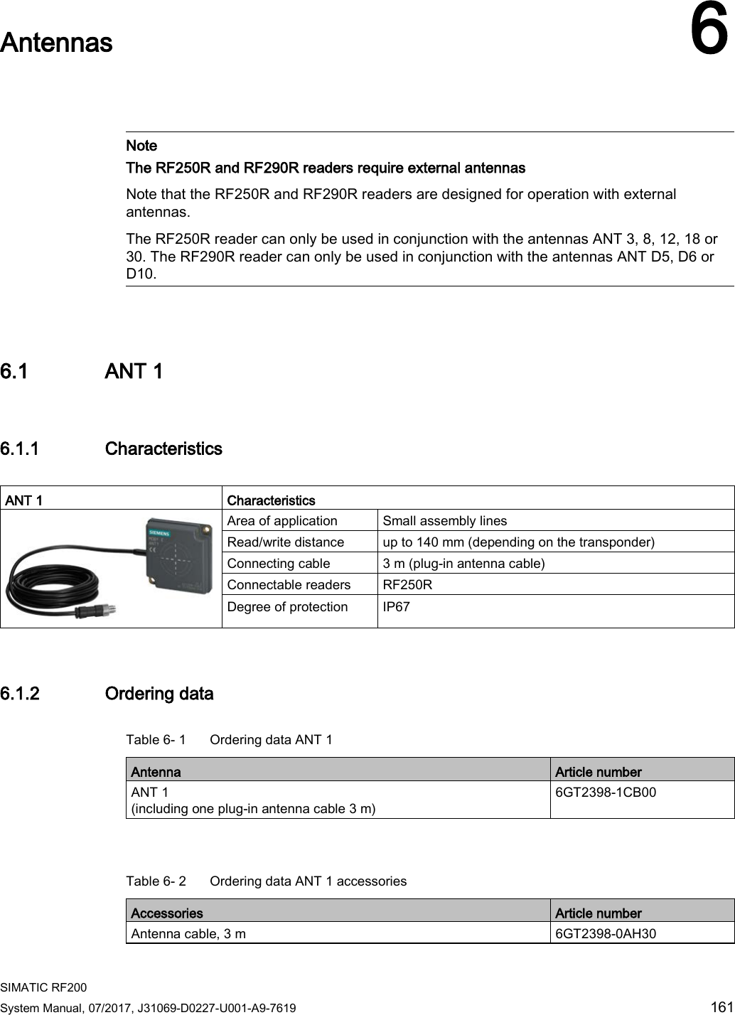  SIMATIC RF200 System Manual, 07/2017, J31069-D0227-U001-A9-7619 161  Antennas 6     Note The RF250R and RF290R readers require external antennas Note that the RF250R and RF290R readers are designed for operation with external antennas. The RF250R reader can only be used in conjunction with the antennas ANT 3, 8, 12, 18 or 30. The RF290R reader can only be used in conjunction with the antennas ANT D5, D6 or D10.  6.1 ANT 1 6.1.1 Characteristics  ANT 1  Characteristics  Area of application Small assembly lines Read/write distance up to 140 mm (depending on the transponder) Connecting cable 3 m (plug-in antenna cable) Connectable readers RF250R Degree of protection  IP67 6.1.2 Ordering data Table 6- 1  Ordering data ANT 1 Antenna Article number ANT 1 (including one plug-in antenna cable 3 m) 6GT2398-1CB00  Table 6- 2  Ordering data ANT 1 accessories Accessories Article number Antenna cable, 3 m 6GT2398-0AH30 