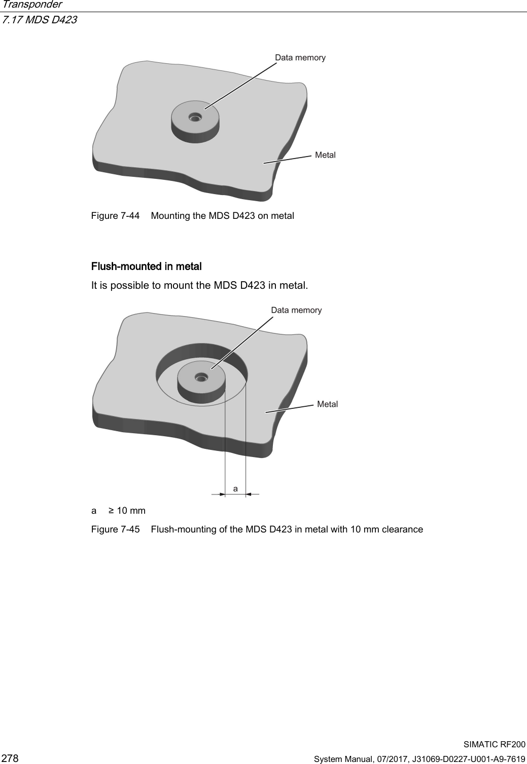 Transponder   7.17 MDS D423  SIMATIC RF200 278 System Manual, 07/2017, J31069-D0227-U001-A9-7619  Figure 7-44 Mounting the MDS D423 on metal  Flush-mounted in metal It is possible to mount the MDS D423 in metal.  a ≥ 10 mm Figure 7-45 Flush-mounting of the MDS D423 in metal with 10 mm clearance  