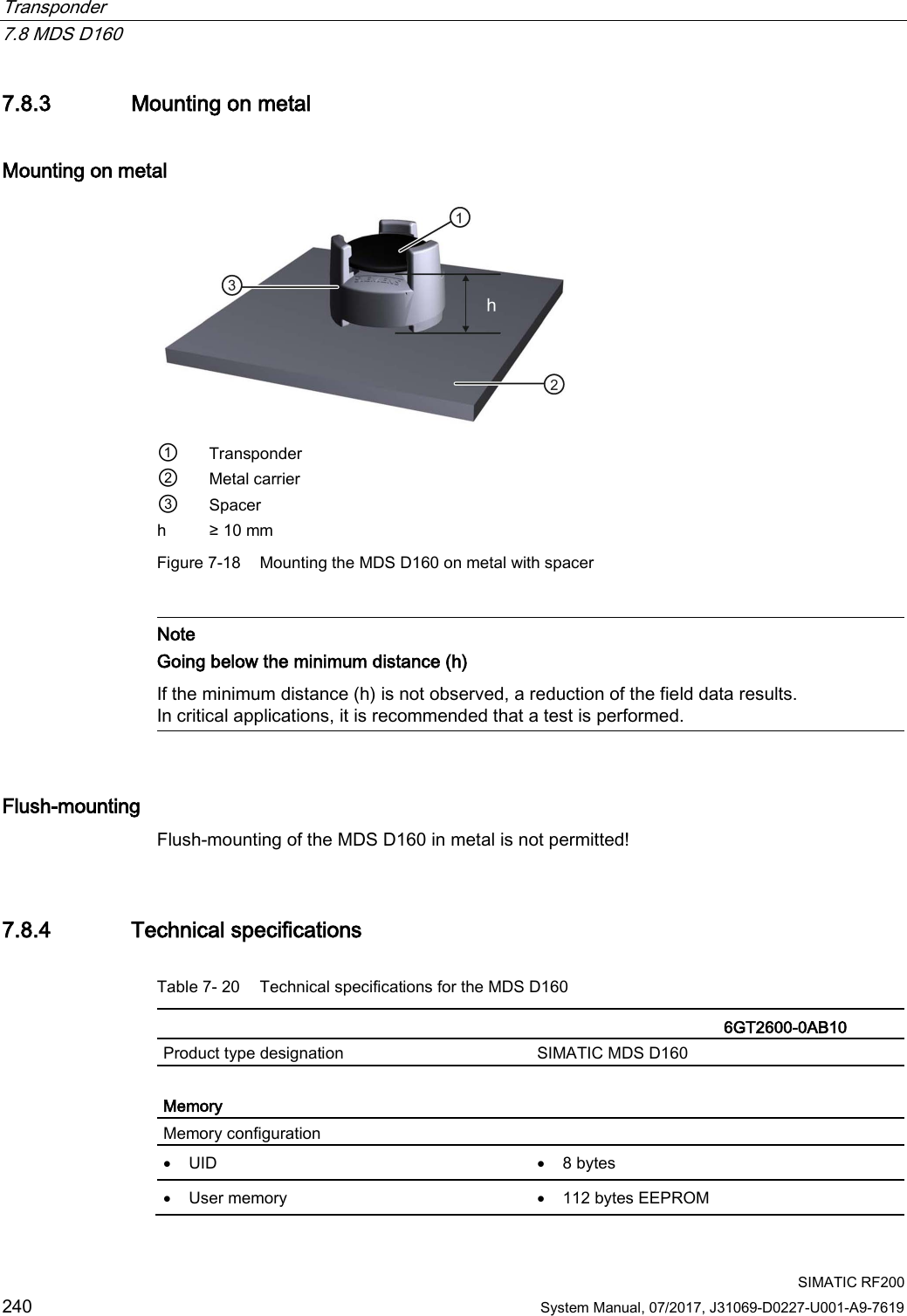 Transponder   7.8 MDS D160  SIMATIC RF200 240 System Manual, 07/2017, J31069-D0227-U001-A9-7619 7.8.3 Mounting on metal Mounting on metal  ① Transponder ② Metal carrier ③ Spacer h ≥ 10 mm Figure 7-18 Mounting the MDS D160 on metal with spacer   Note Going below the minimum distance (h) If the minimum distance (h) is not observed, a reduction of the field data results. In critical applications, it is recommended that a test is performed.  Flush-mounting Flush-mounting of the MDS D160 in metal is not permitted! 7.8.4 Technical specifications Table 7- 20 Technical specifications for the MDS D160    6GT2600-0AB10  Product type designation SIMATIC MDS D160  Memory Memory configuration  • UID • 8 bytes • User memory • 112 bytes EEPROM 