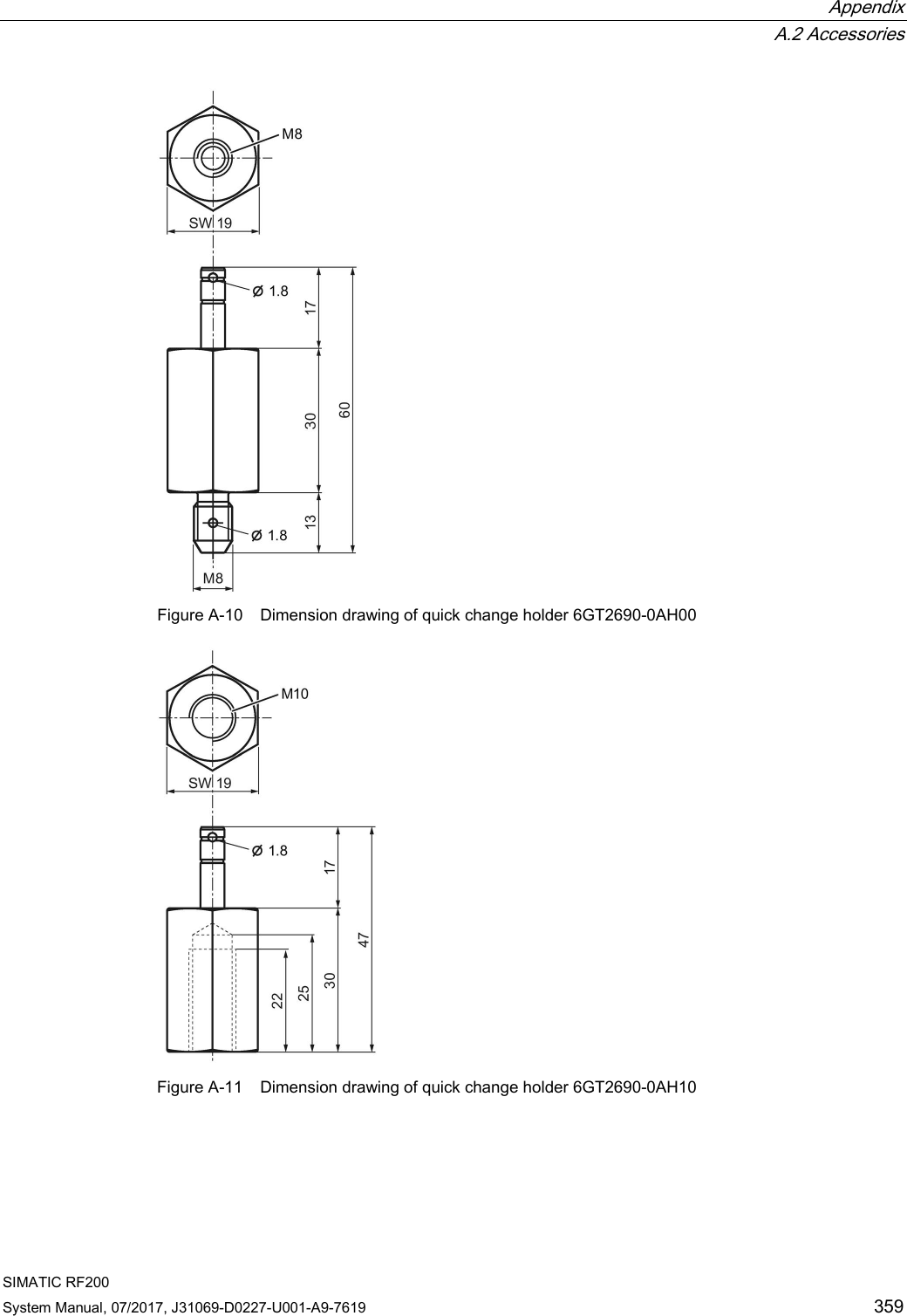  Appendix  A.2 Accessories SIMATIC RF200 System Manual, 07/2017, J31069-D0227-U001-A9-7619 359  Figure A-10 Dimension drawing of quick change holder 6GT2690-0AH00  Figure A-11 Dimension drawing of quick change holder 6GT2690-0AH10 